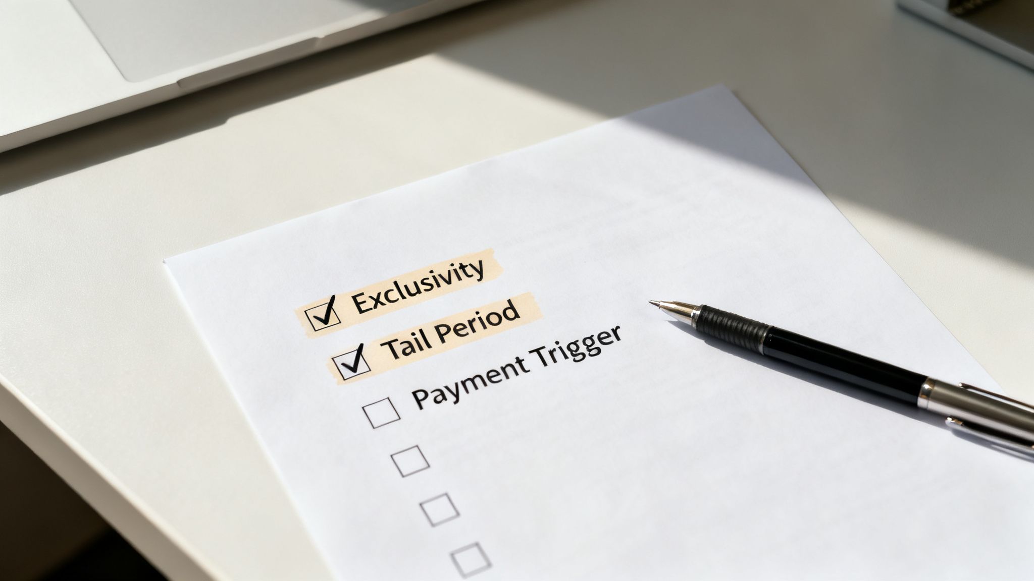 A checklist on a white paper with 'Exclusivity' and 'Tail Period' checked, next to a pen.