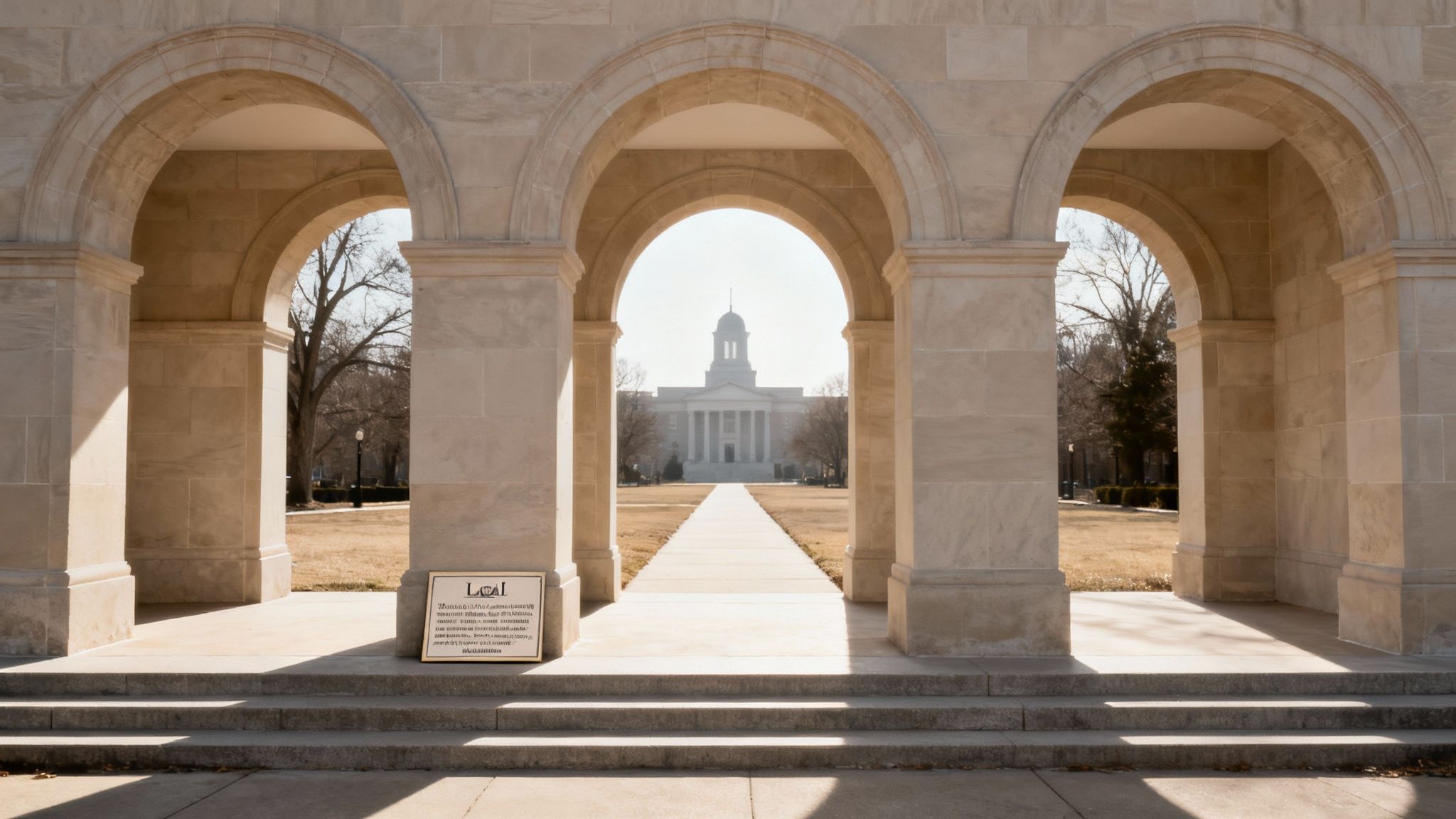 A long path through three stone arches leads to a grand classical building with a dome.
