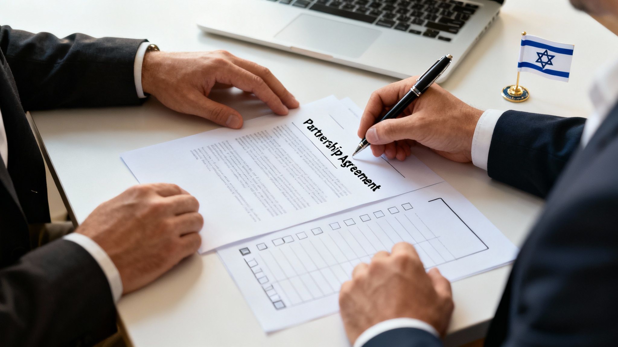 Two businessmen signing a partnership agreement on a desk with an Israeli flag.
