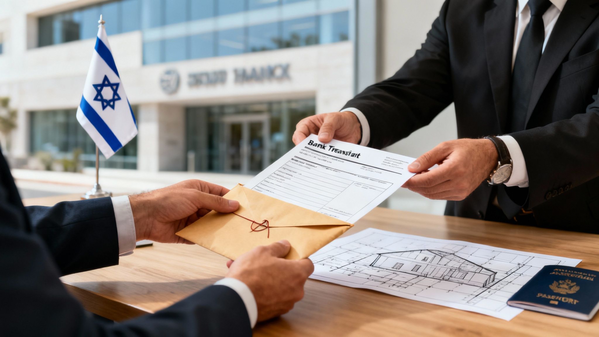 Two businessmen exchanging a bank transfer document and an envelope, with an Israeli flag and passport on the table.