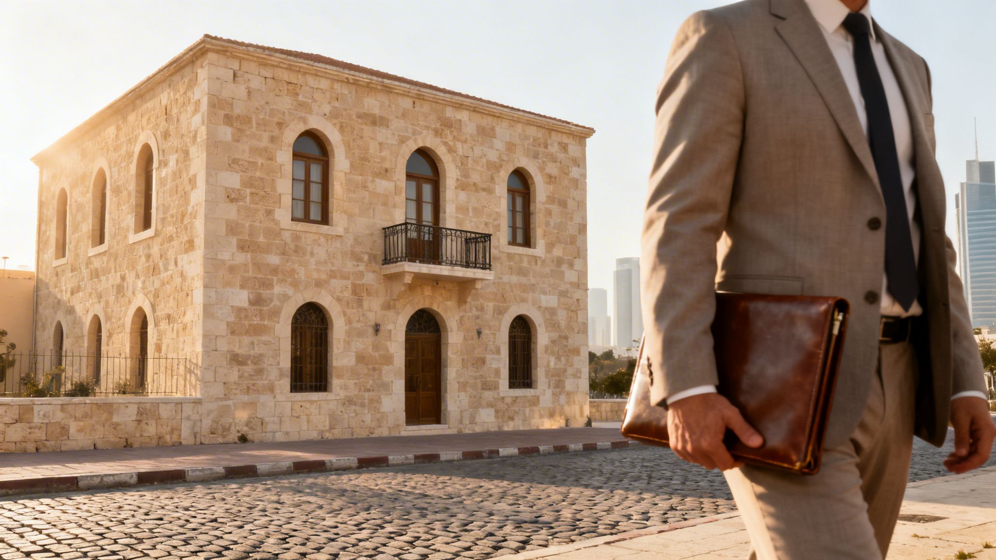 A businessman in a suit walks on a cobblestone street past a historic stone building and modern skyscrapers.