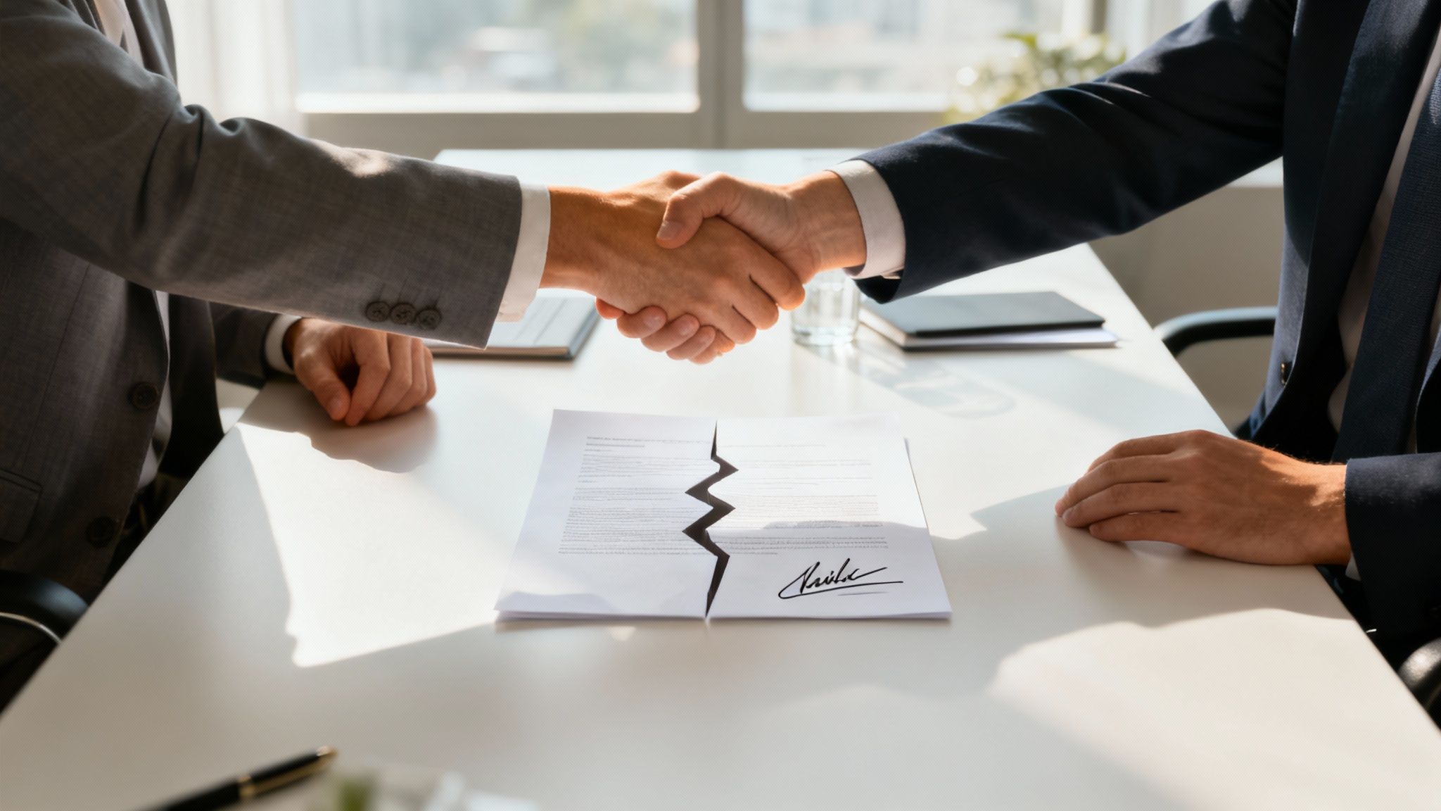 שתי קבוצות אנשים מתווכחות מעבר לשולחן, עם מגשר באמצע המנסה למצוא פתרון.