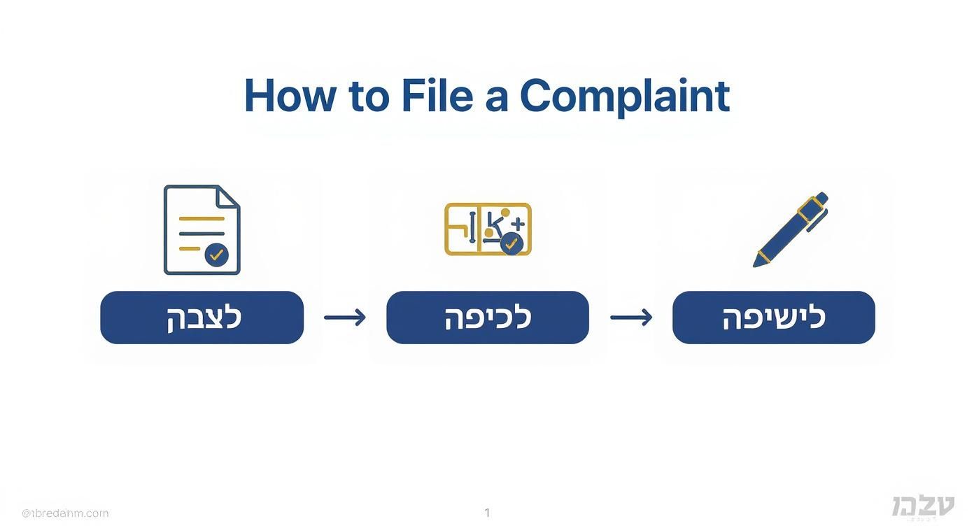 תרשים זרימה מראה שלושה שלבים להגשת תלונה: הכנת מסמכים, הגשה, וחתימה/שליחה.