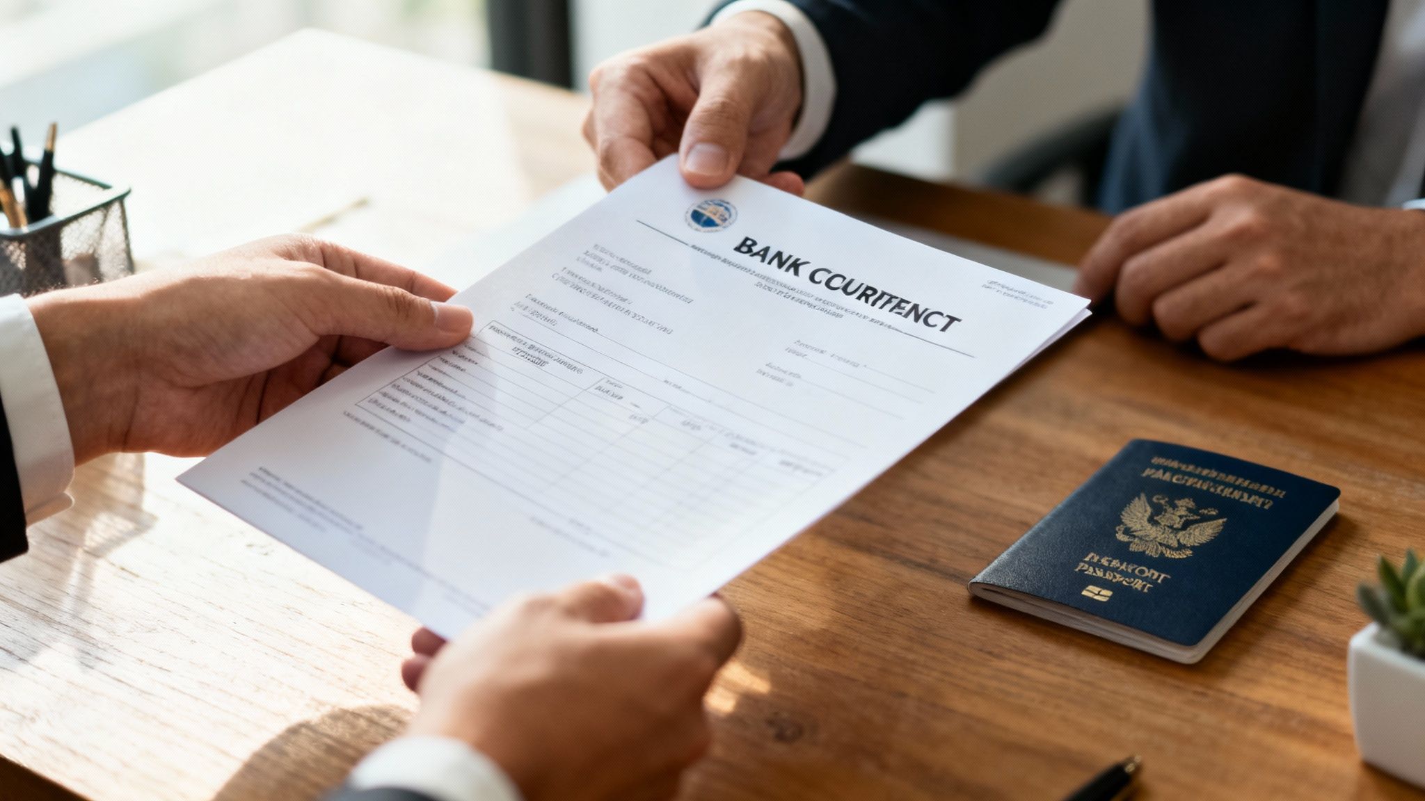 Two people exchanging a bank document, with a passport resting on a wooden desk.
