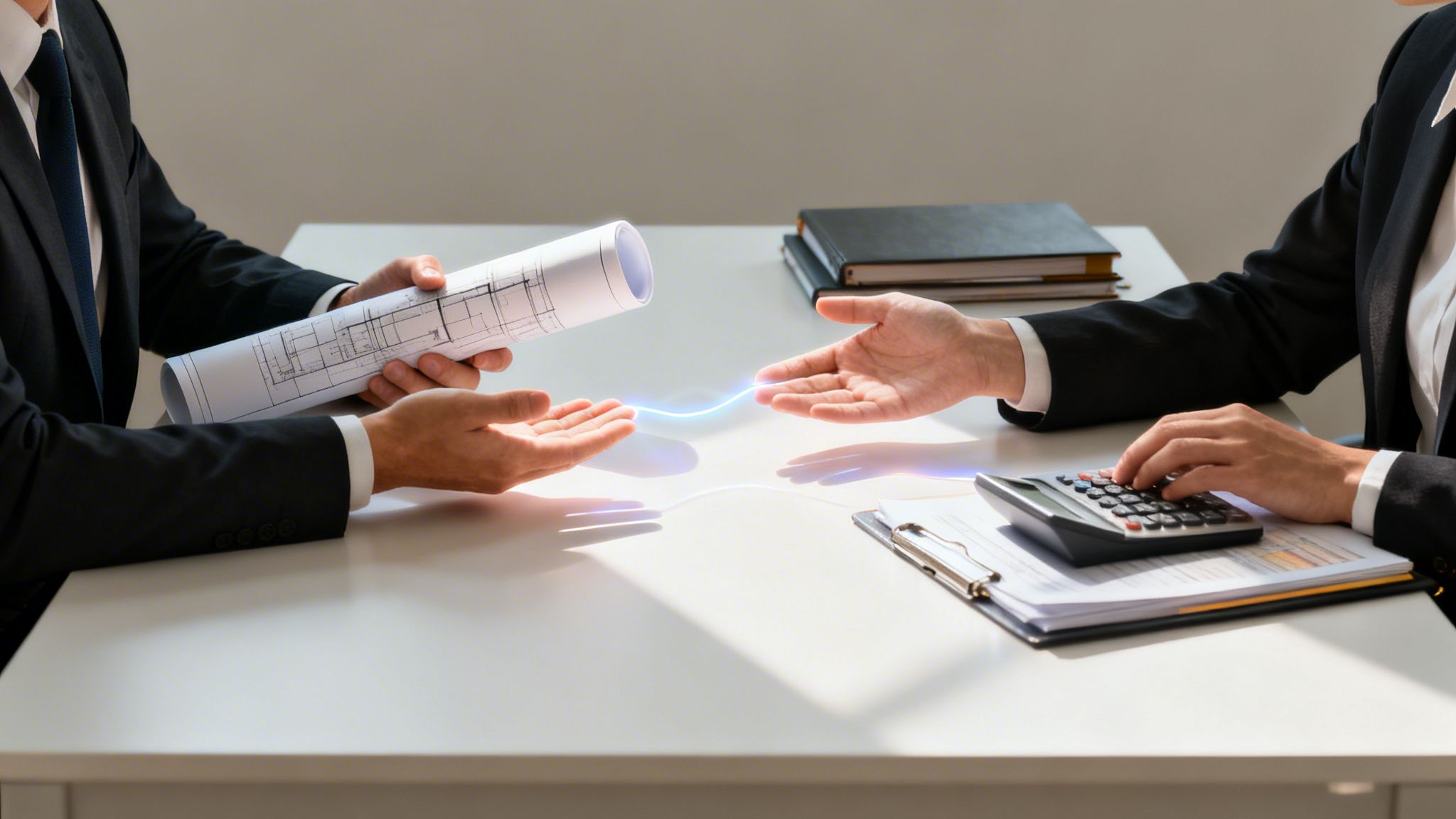 Business professionals discussing blueprints and finances, with a glowing connection symbolizing agreement or transfer.