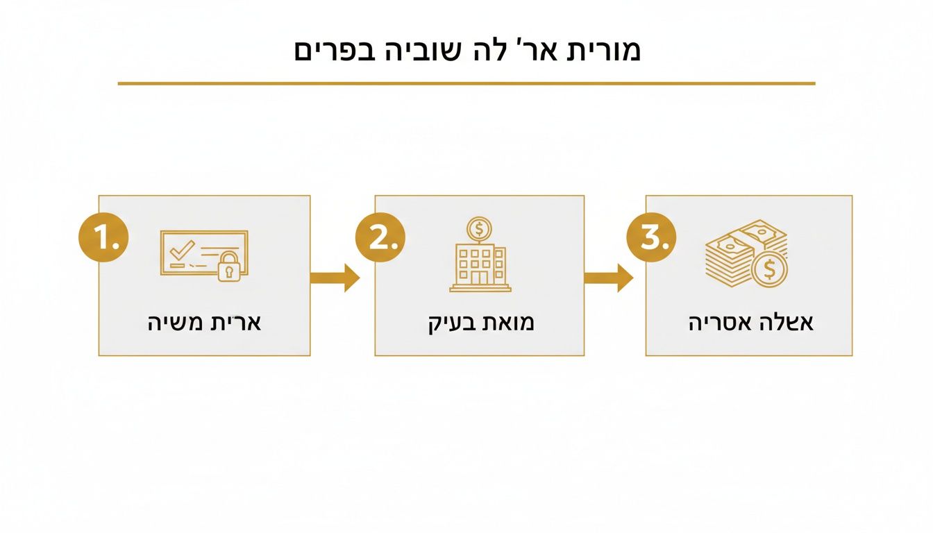 תרשים תהליך פיננסי להסדרת חוב: צ'ק מאובטח, בנק מוטב והלוואה אסורה.