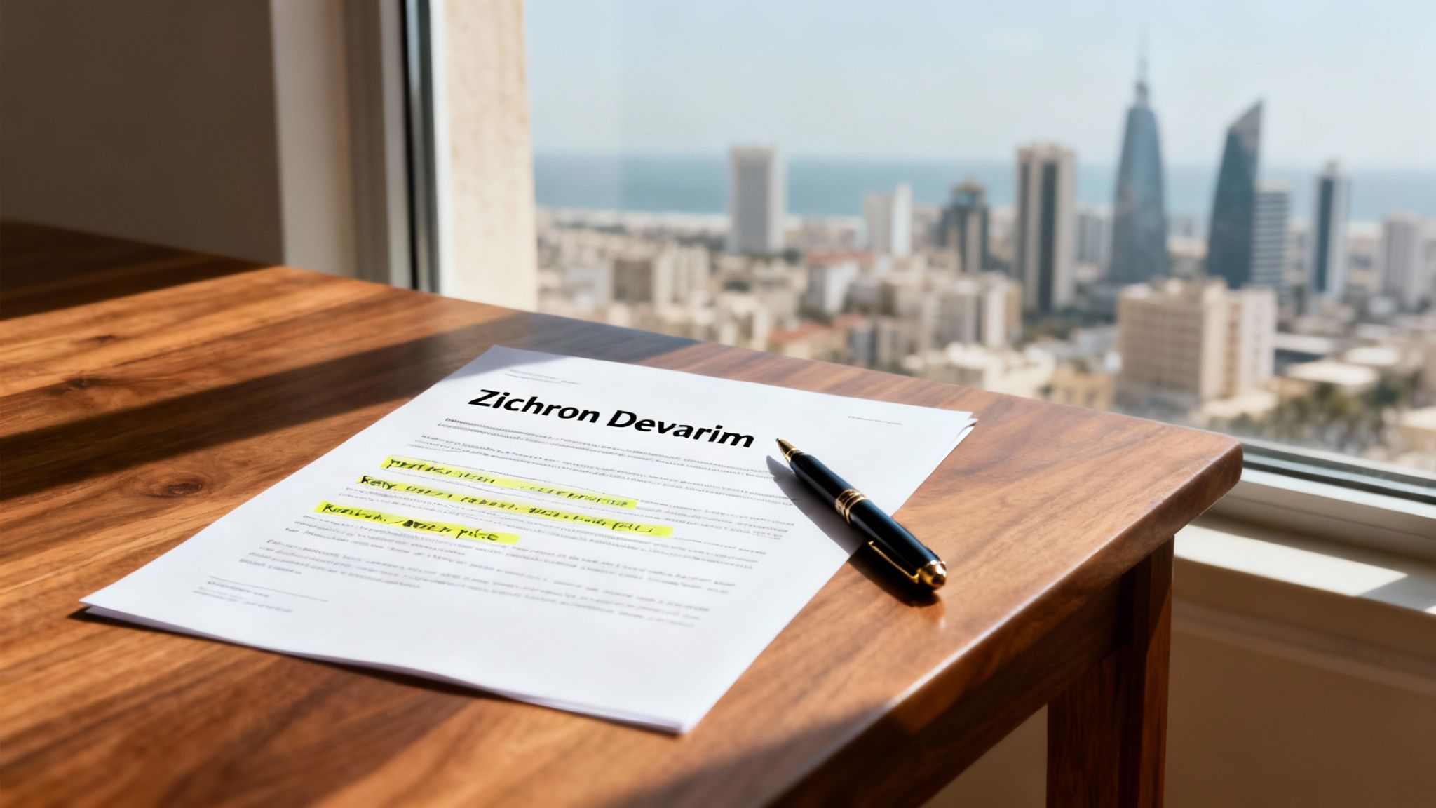 A document titled 'Zichron Devarim' with a pen on a wooden desk overlooking a city and ocean.