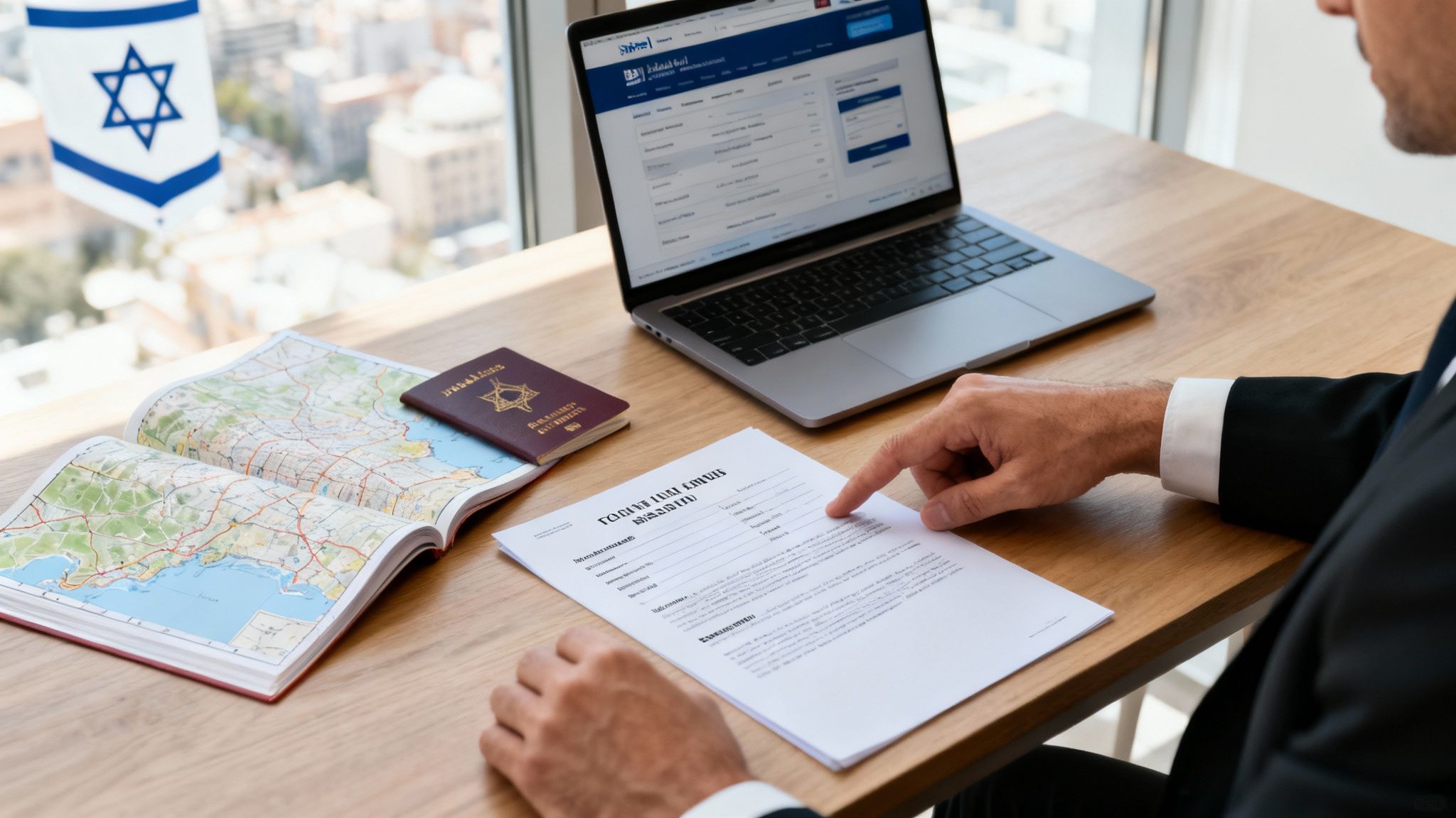 A man reviews documents on a desk with a passport, map, and laptop, an Israeli flag in the background.