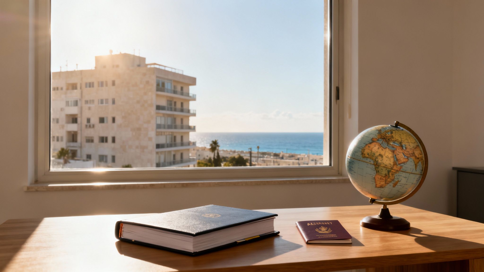 A wooden desk by a window, featuring a book, a passport, and a globe, overlooking the sea.