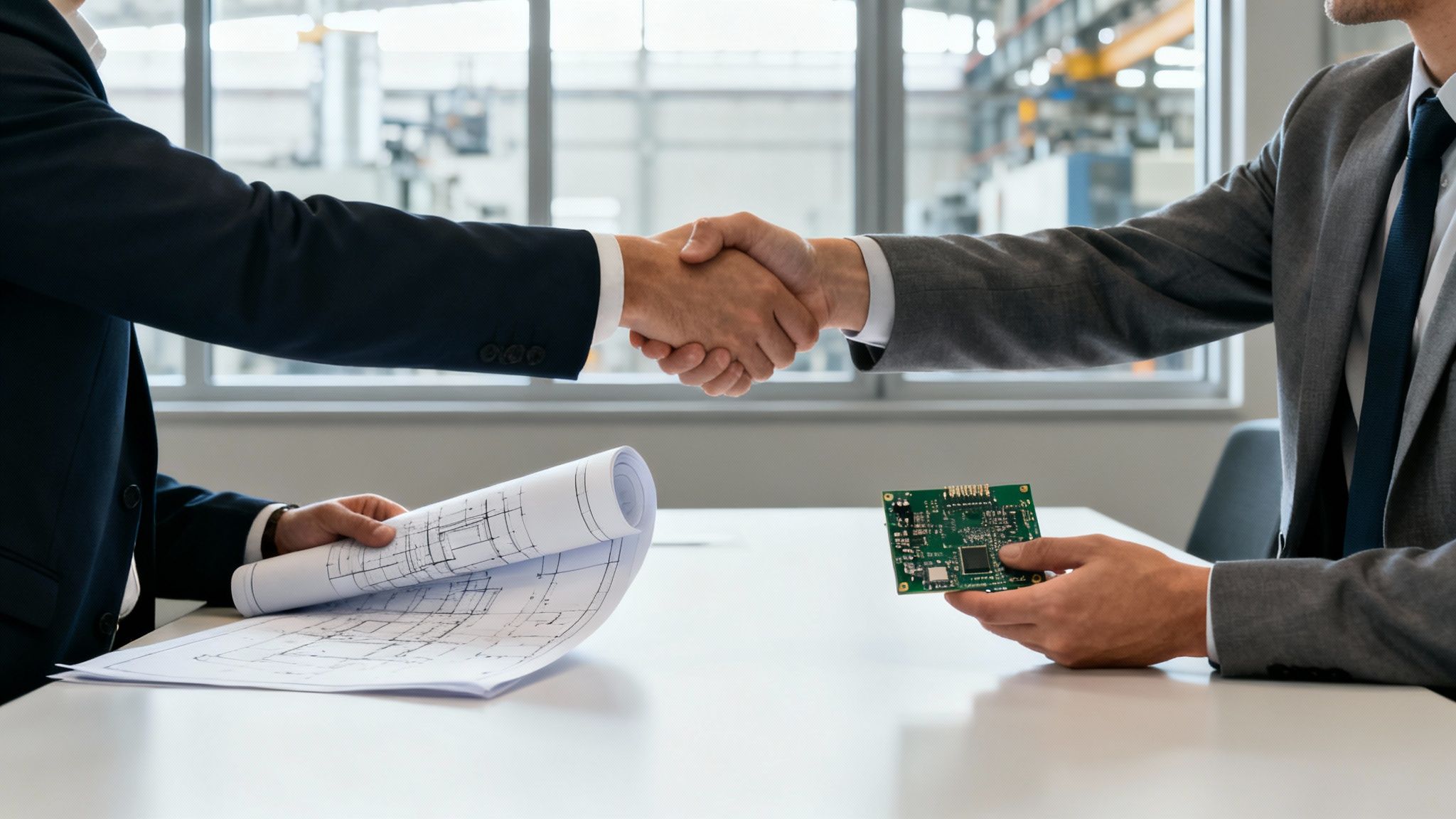 Two businessmen shaking hands over a table, one holding blueprints, the other a circuit board.