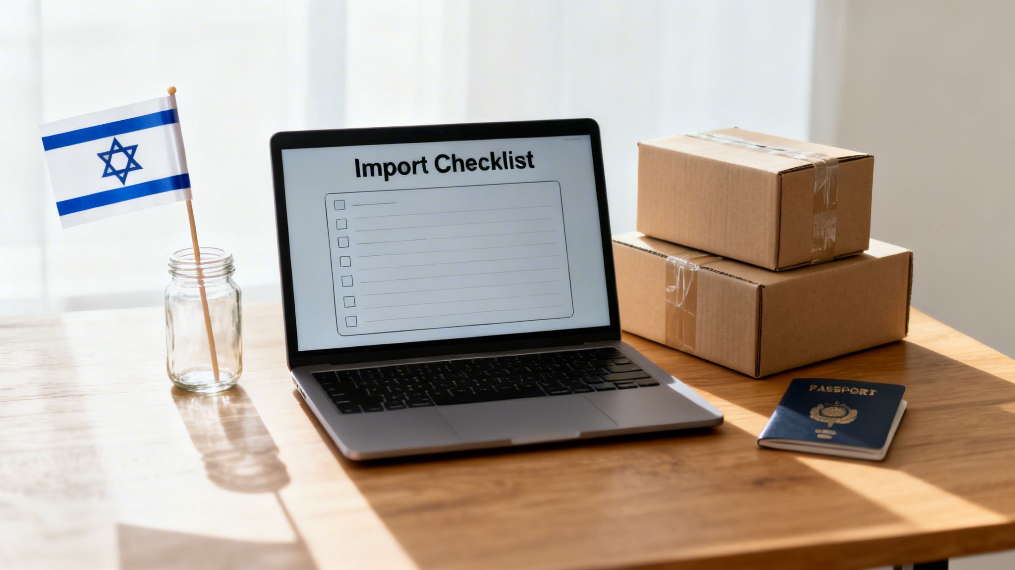 An Israeli flag, laptop displaying an import checklist, shipping boxes, and a passport on a wooden desk.