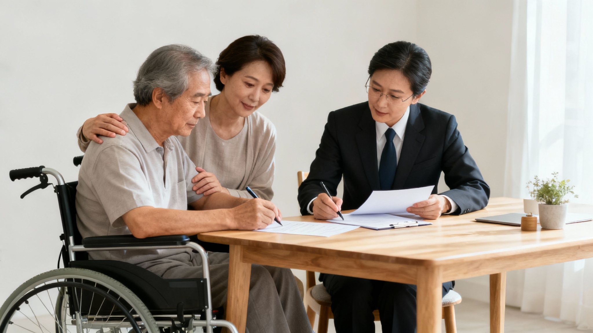 אדם בכיסא גלגלים מסתכל על בית חדש, מסמל תקווה ונגישות לדיור