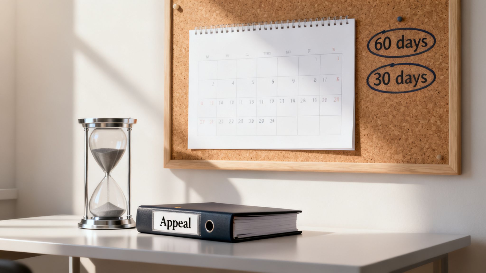 Time-sensitive appeal process with an hourglass, 'Appeal' binder, and a calendar showing deadlines.