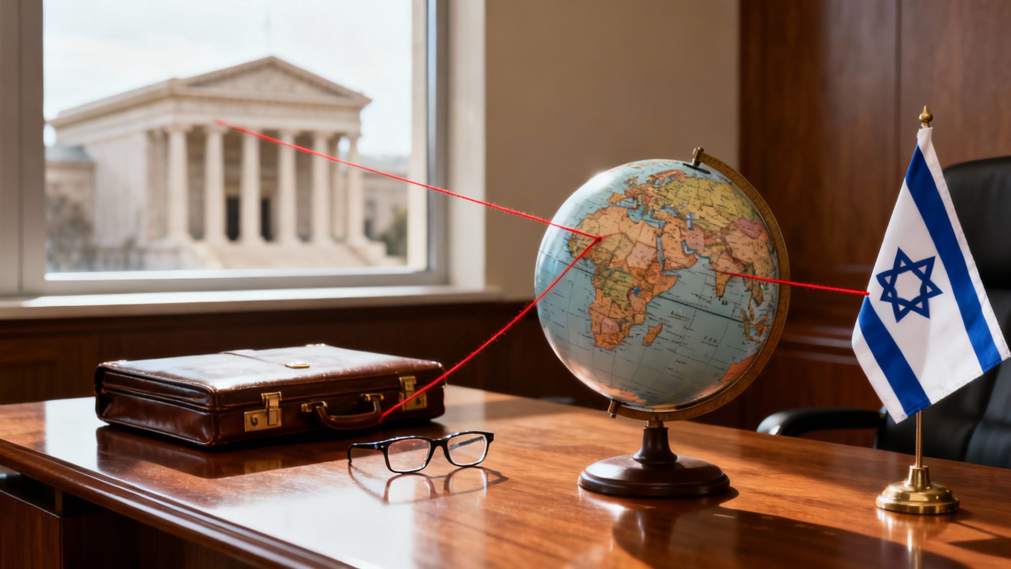 A desk with a globe, Israeli flag, briefcase, and glasses, connected by red strings, with a government building in the background.