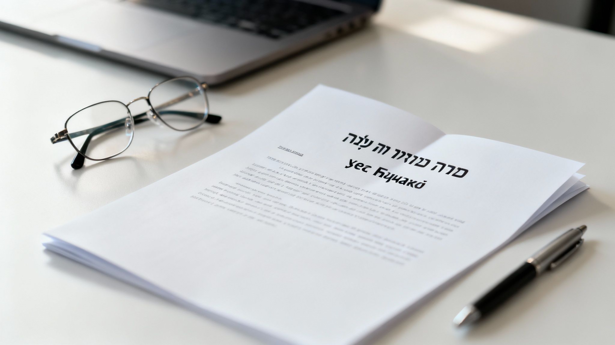 שולחן עבודה עם מסמך בעברית, משקפיים, עט ומחשב נייד פתוח ברקע.