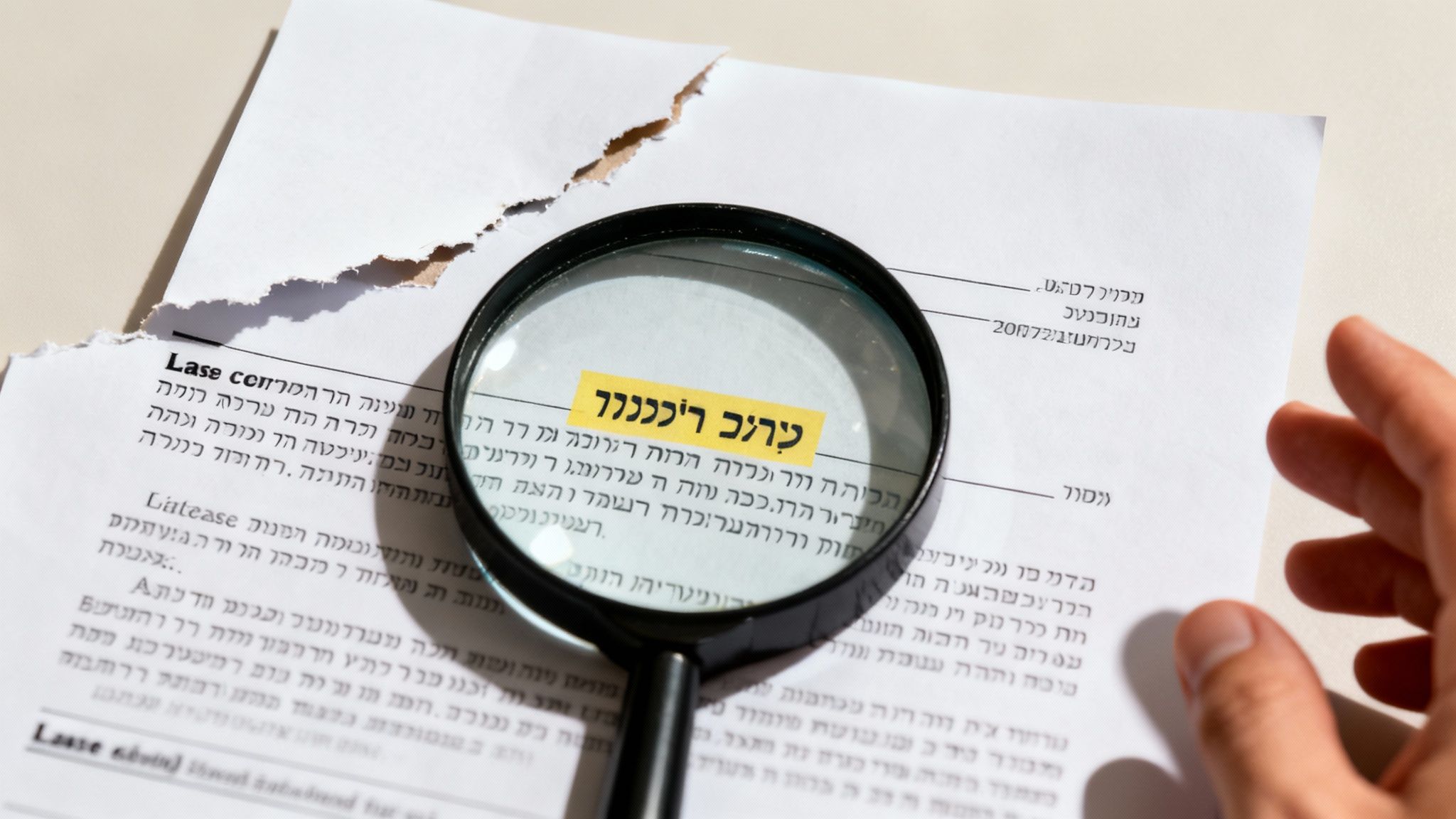 זכוכית מגדלת על מסמך קרוע בעברית, כנראה חוזה שכירות, עם טקסט מודגש. יד בוחנת.