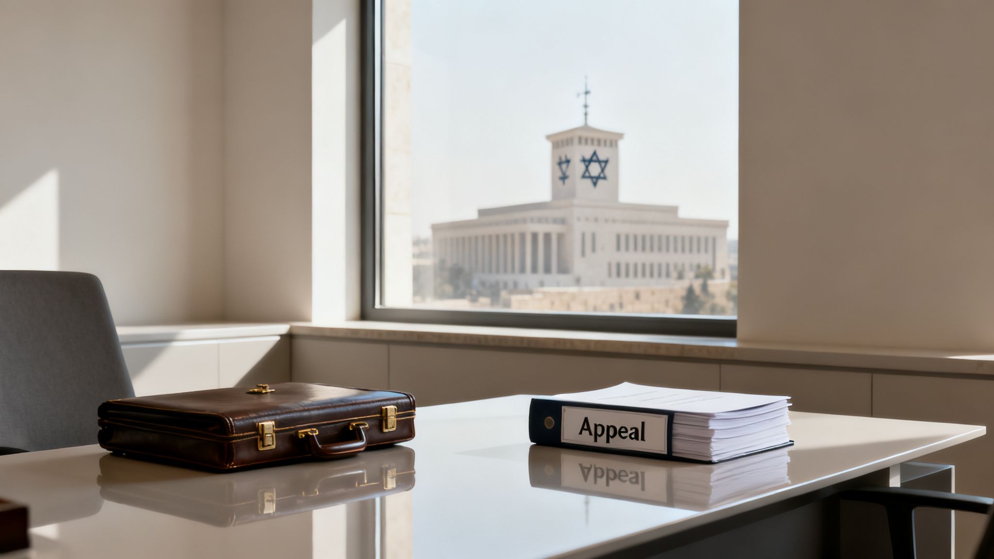 A desk with a briefcase and an "Appeal" binder, overlooking a building with a Star of David in Israel.