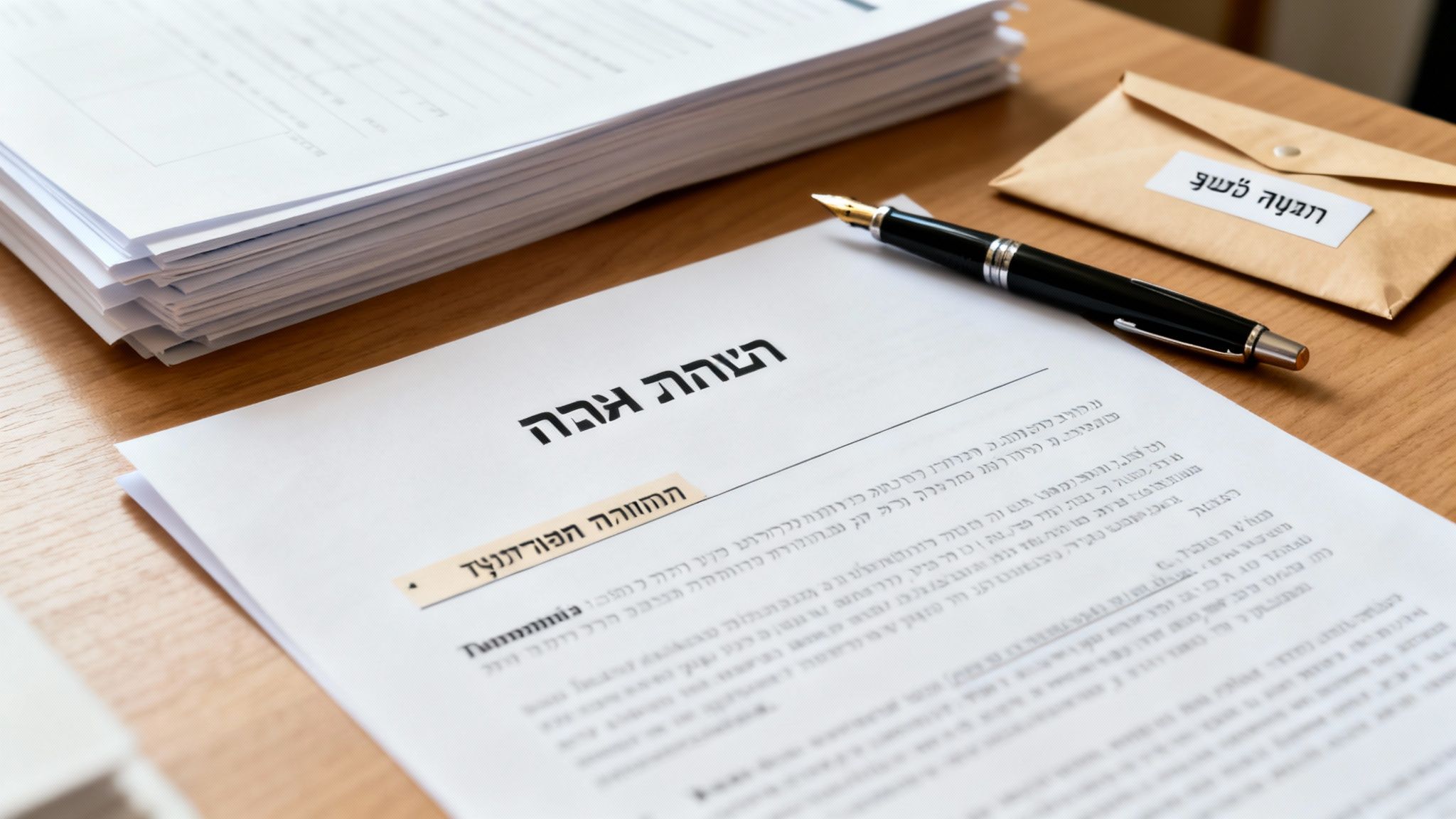 שולחן עץ עם ערימת מסמכים, עט נובע, ומעטפה עם הכיתוב 'תביעה משפט'.