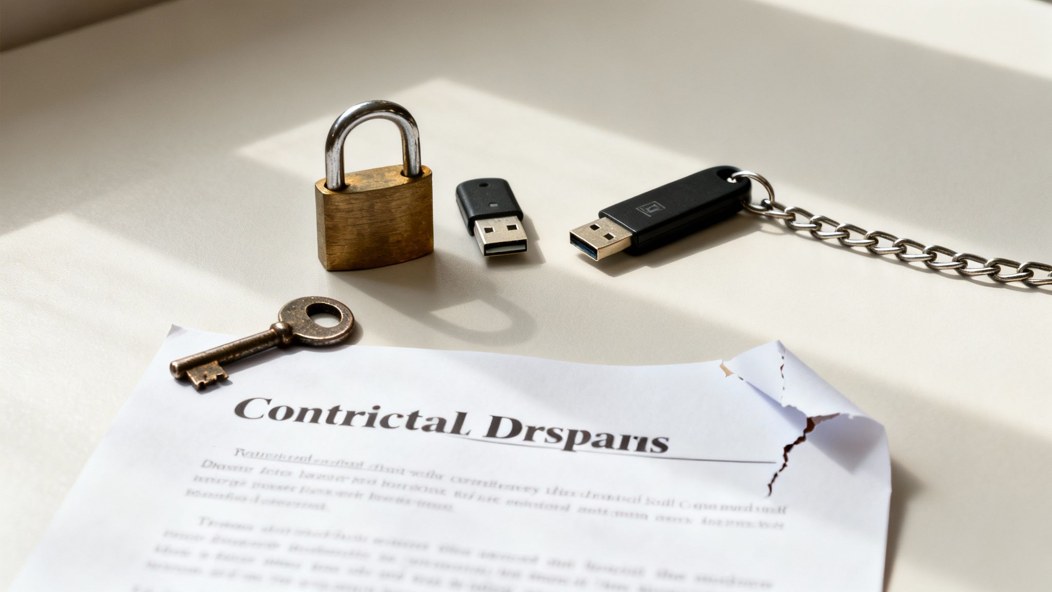 A flat lay image displaying cybersecurity items: an old key, a brass padlock, two USB drives, and a document.