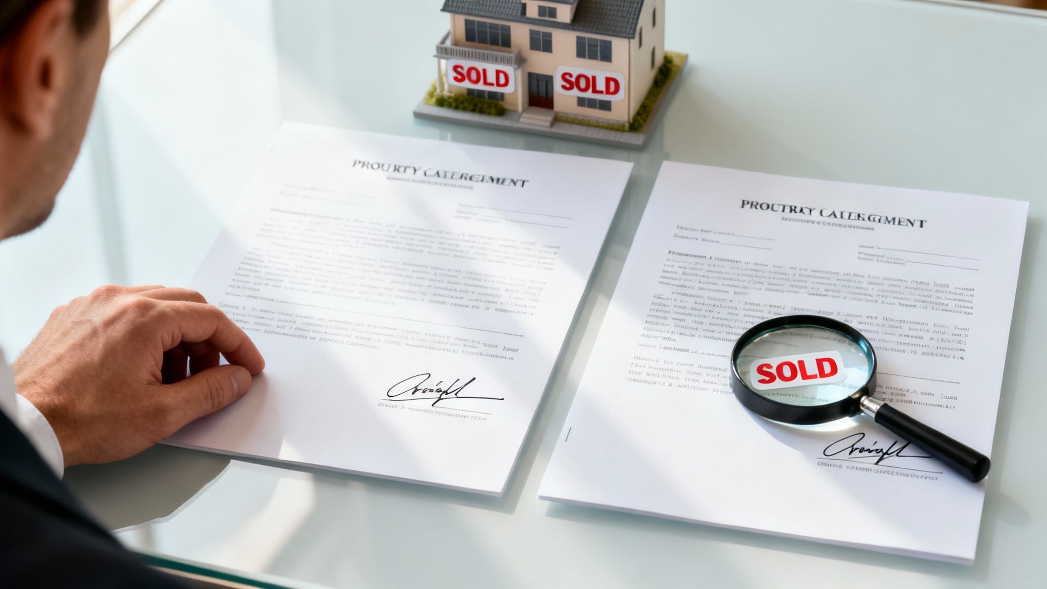 A person's hand on a real estate document next to another document with a magnifying glass over 'SOLD' and a model house.