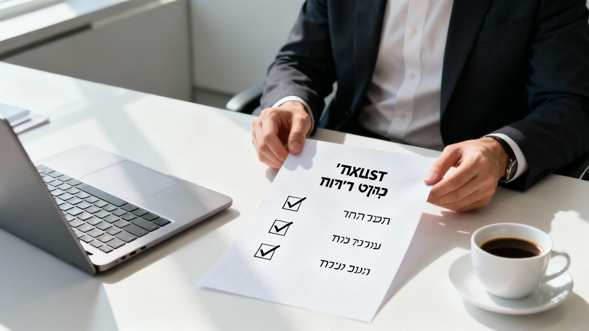 A businessman checking off a checklist on a paper, next to a laptop and a coffee cup.