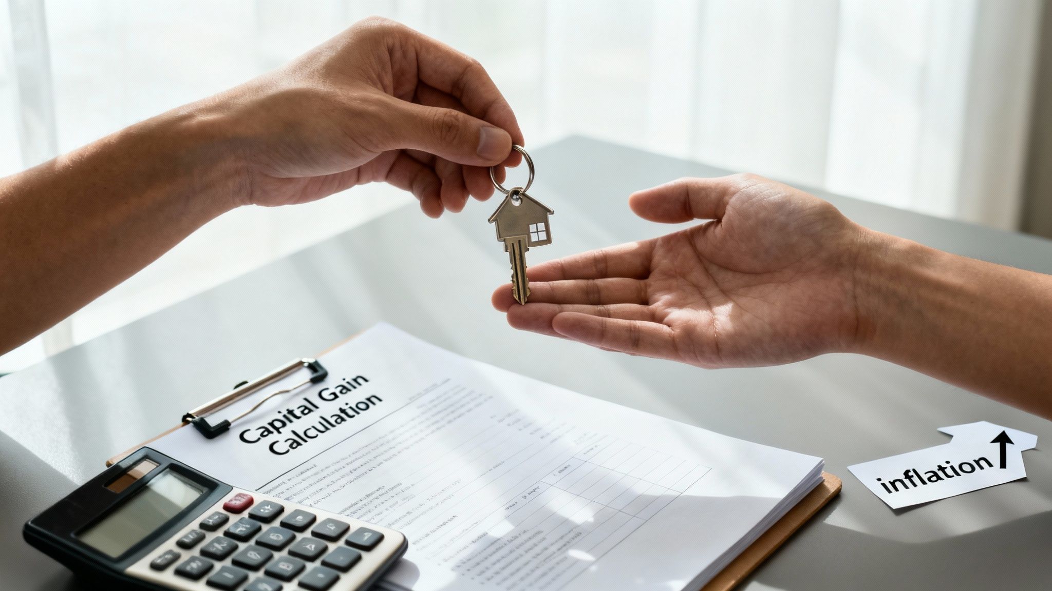Hands exchanging a house key over a 'Capital Gain Calculation' document, calculator, and an 'inflation' arrow.