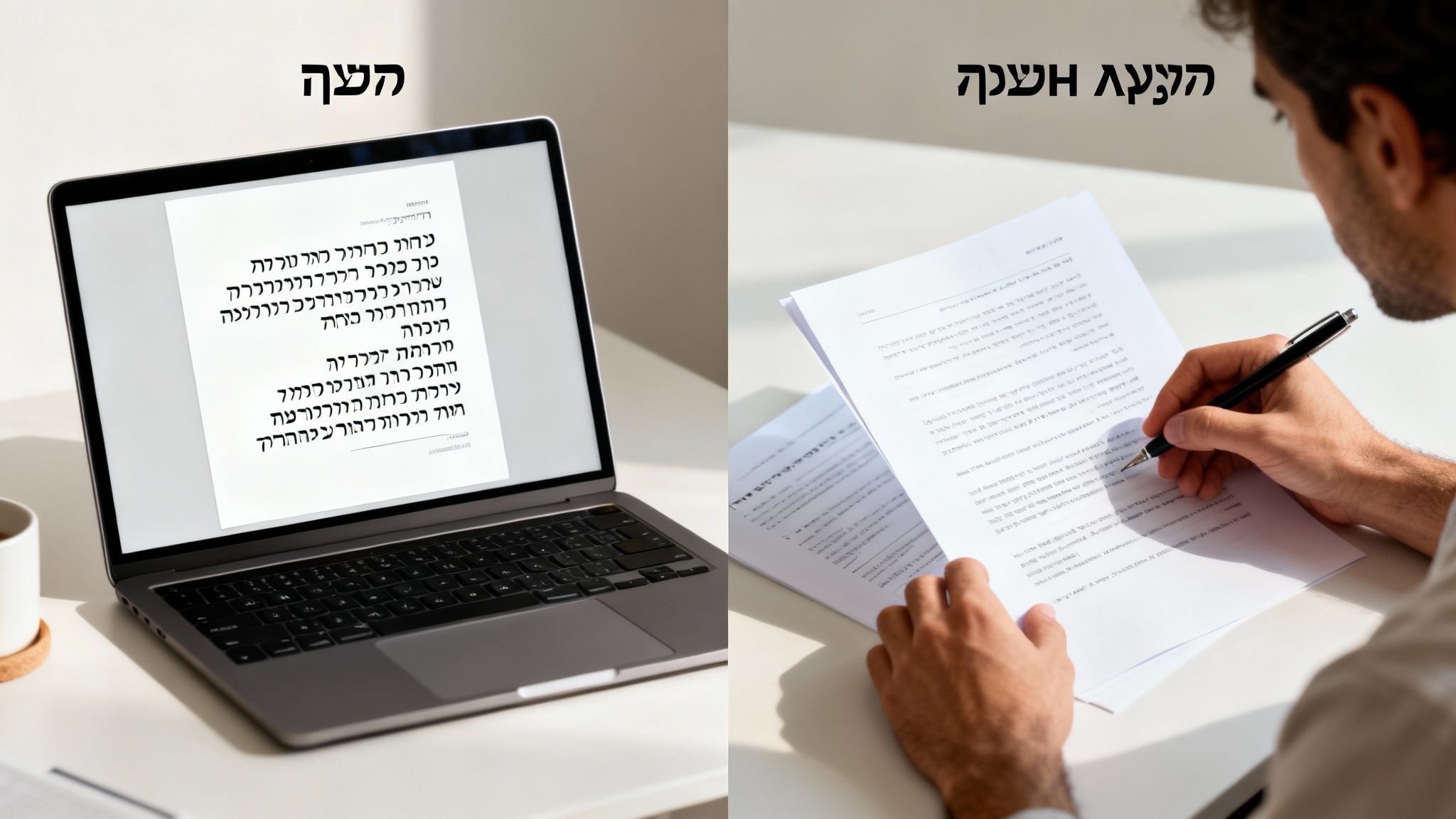 תמונה מחולקת: מסמך דיגיטלי במחשב נייד לצד מסמך פיזי וכתיבה ידנית. כותרות: 'העתק' ו'הצעת השקעה'.