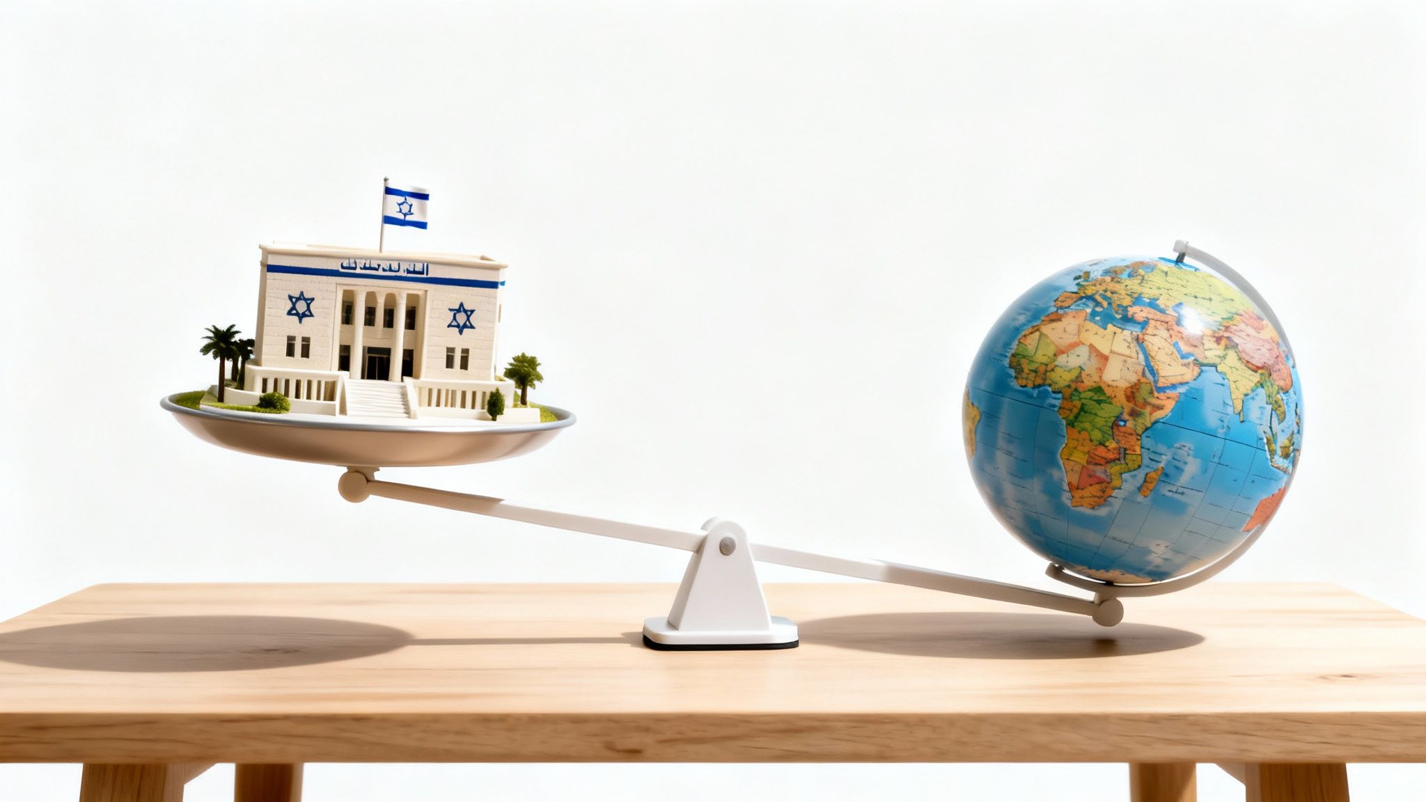 A miniature Israeli government building with flag on a scale, outweighed by a large world globe.