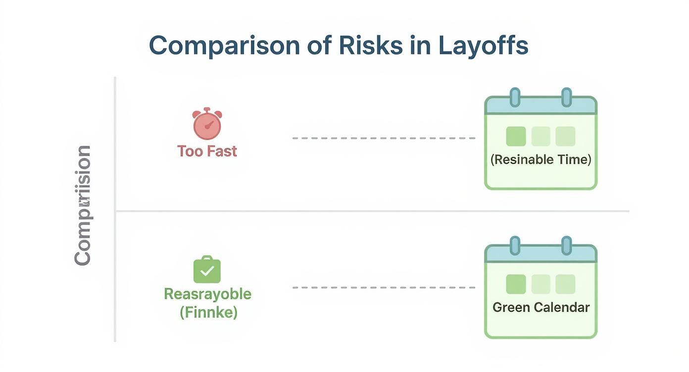 תרשים המשווה סיכונים בפיטורים: פיטורים מהירים מדי לעומת זמן סביר לתגובה והליך תקין