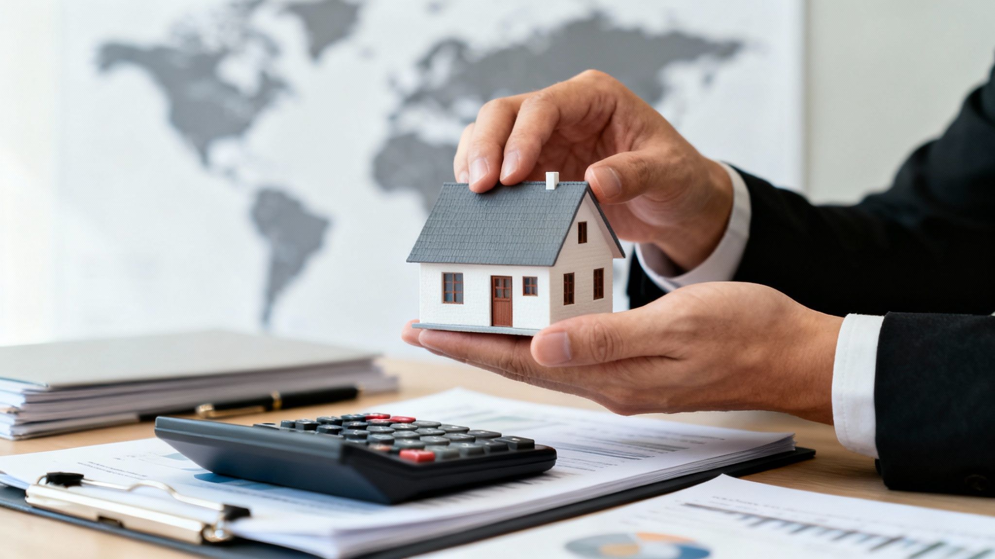 איש עסקים מחזיק דגם בית קטן מעל שולחן משרדי עם מחשבון ומסמכים פיננסיים.