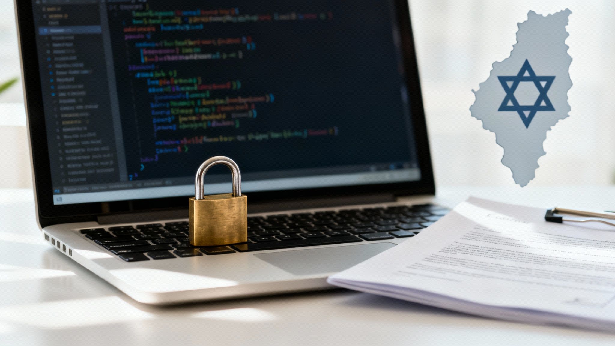 A laptop showing code, a golden padlock, documents, and an Israeli map with the Star of David.