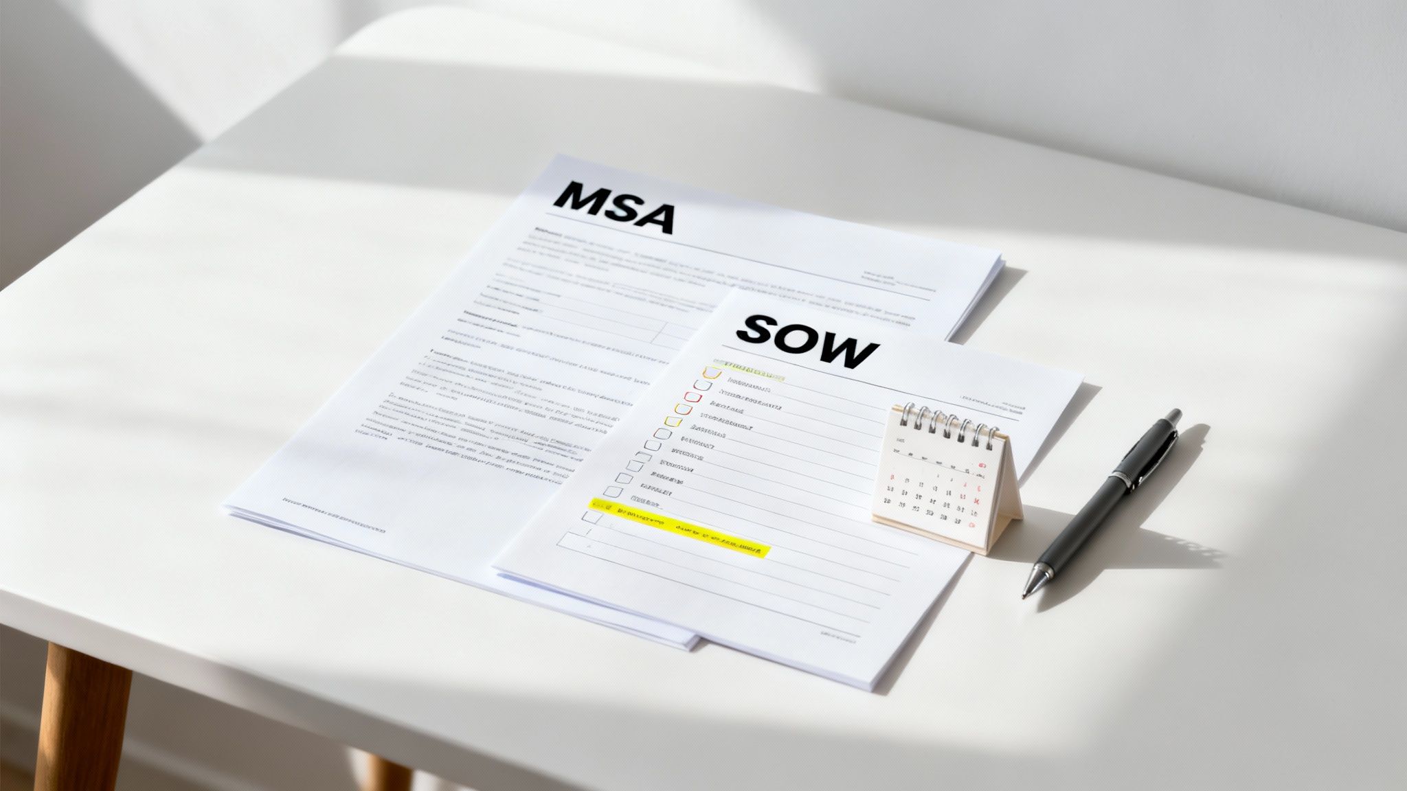 MSA and SOW documents on a white desk with a pen and calendar, representing business planning.