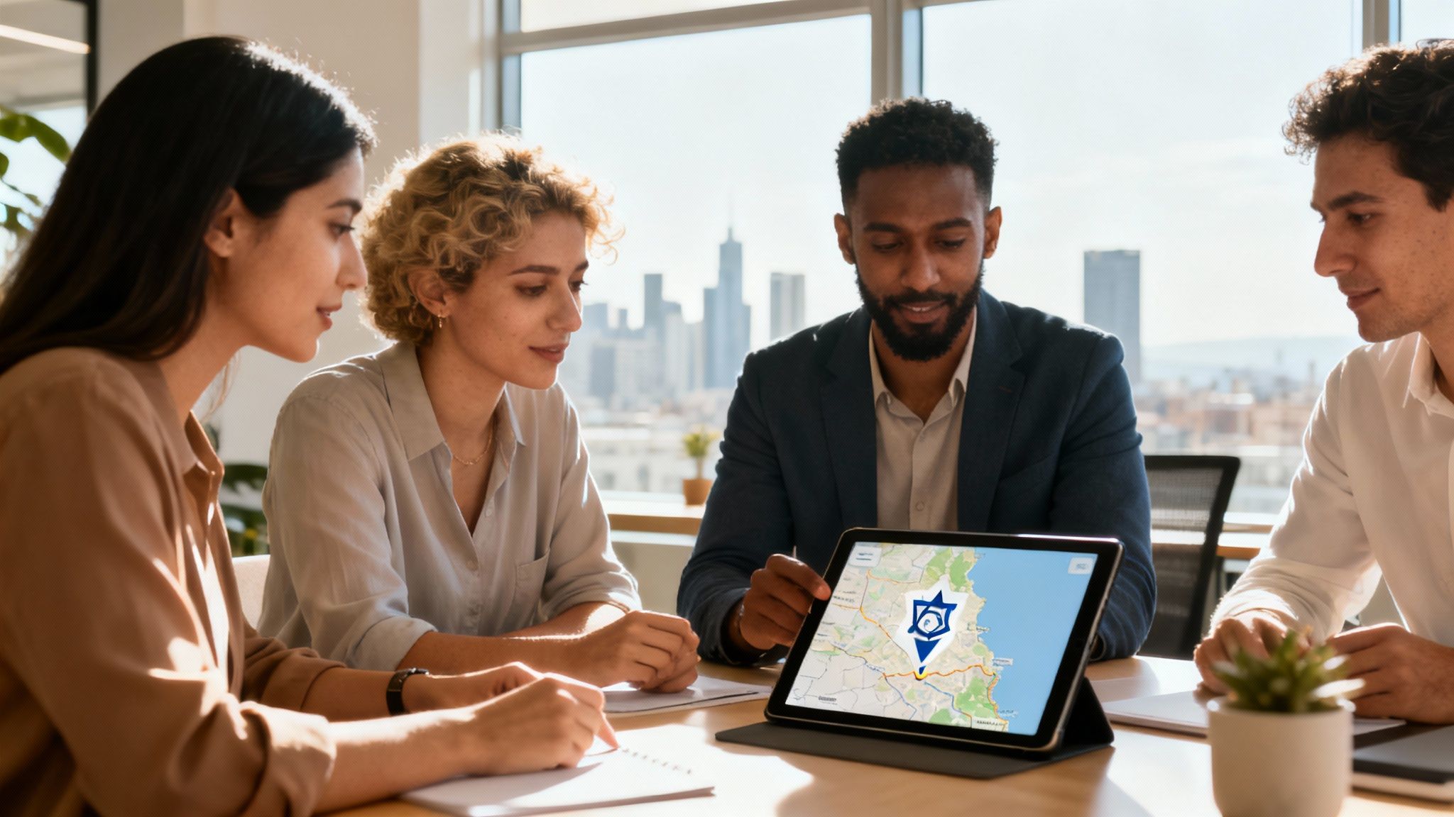 A diverse business team discusses a map of Israel on a tablet in a bright office.