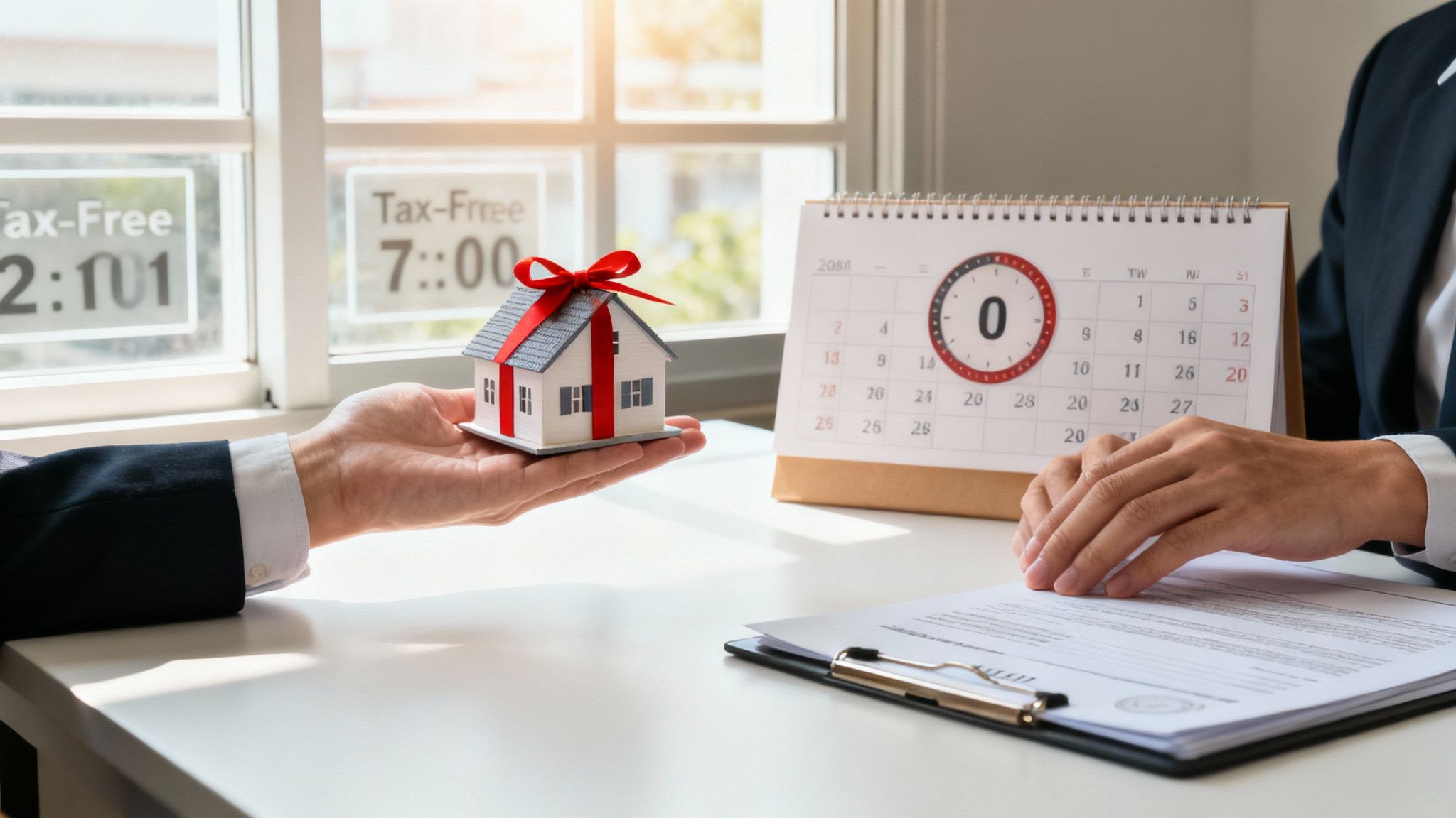נציג נדל"ן מציג מודל בית עם סרט אדום ליד לוח שנה, מייצג תכנון מס רכישה על דירה שנייה