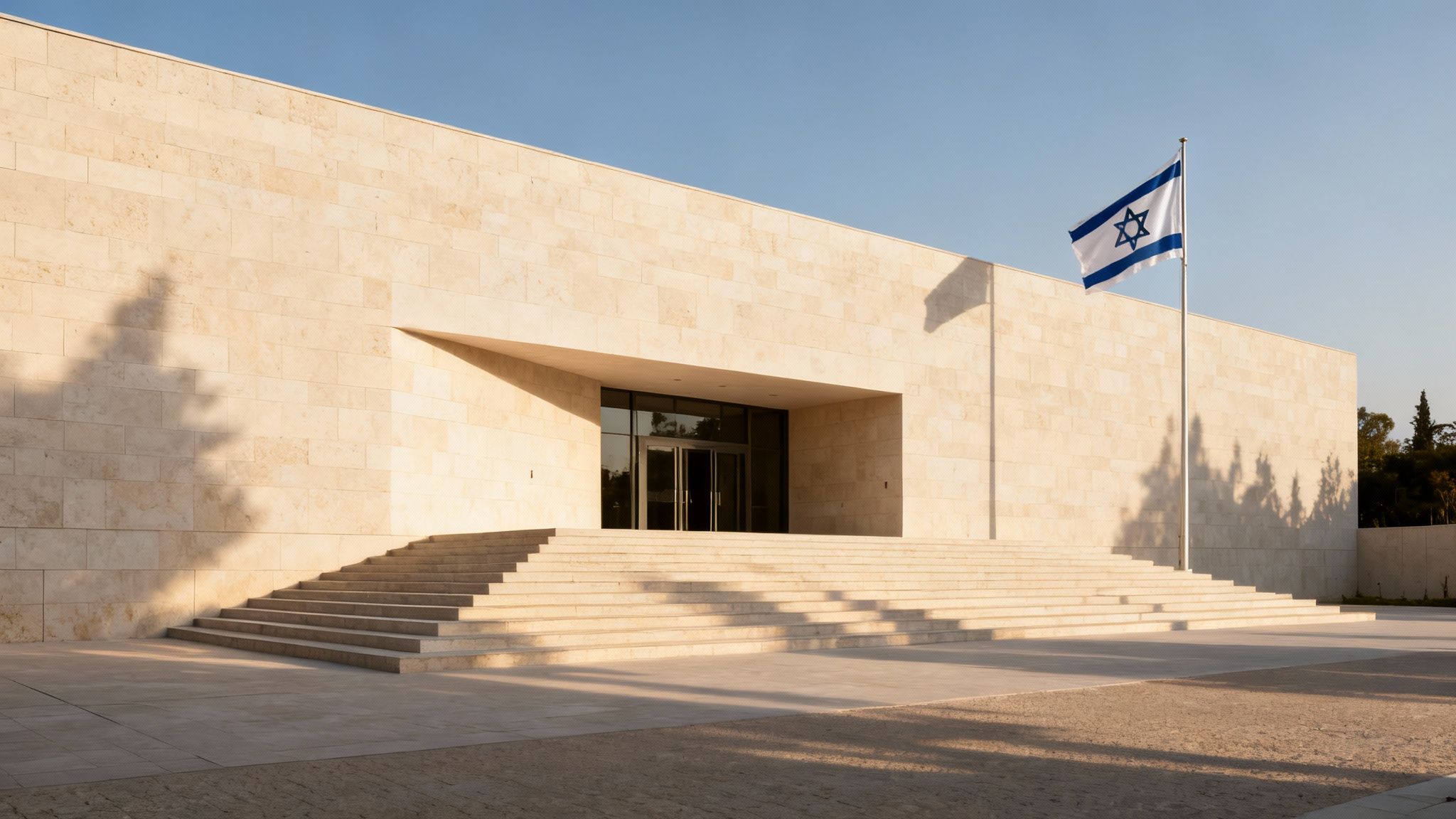 Modern light-colored stone building with an Israeli flag flying and grand entrance steps.
