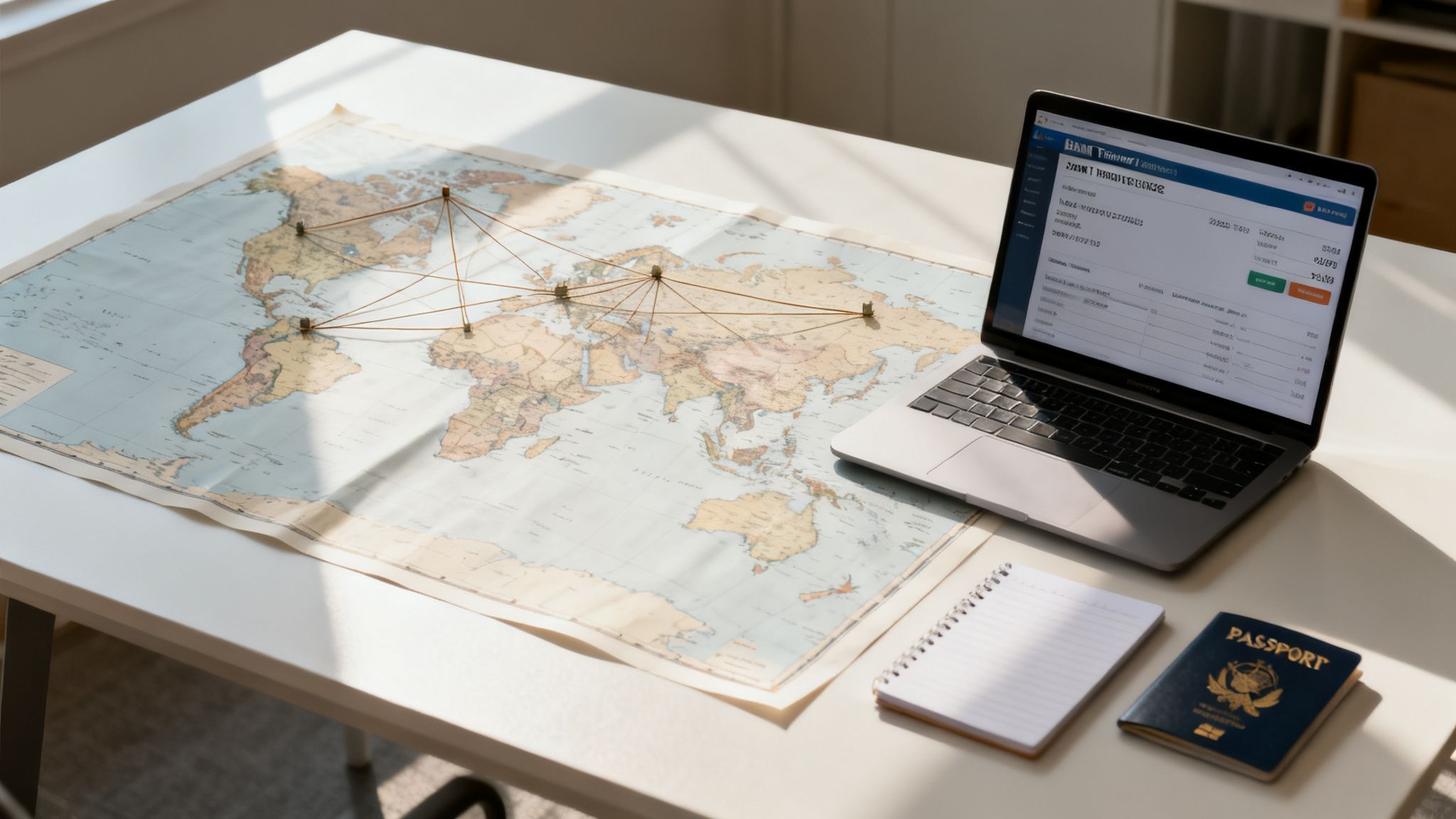 A world map with interconnected pins, a laptop, notebook, and passport for global travel or business planning.