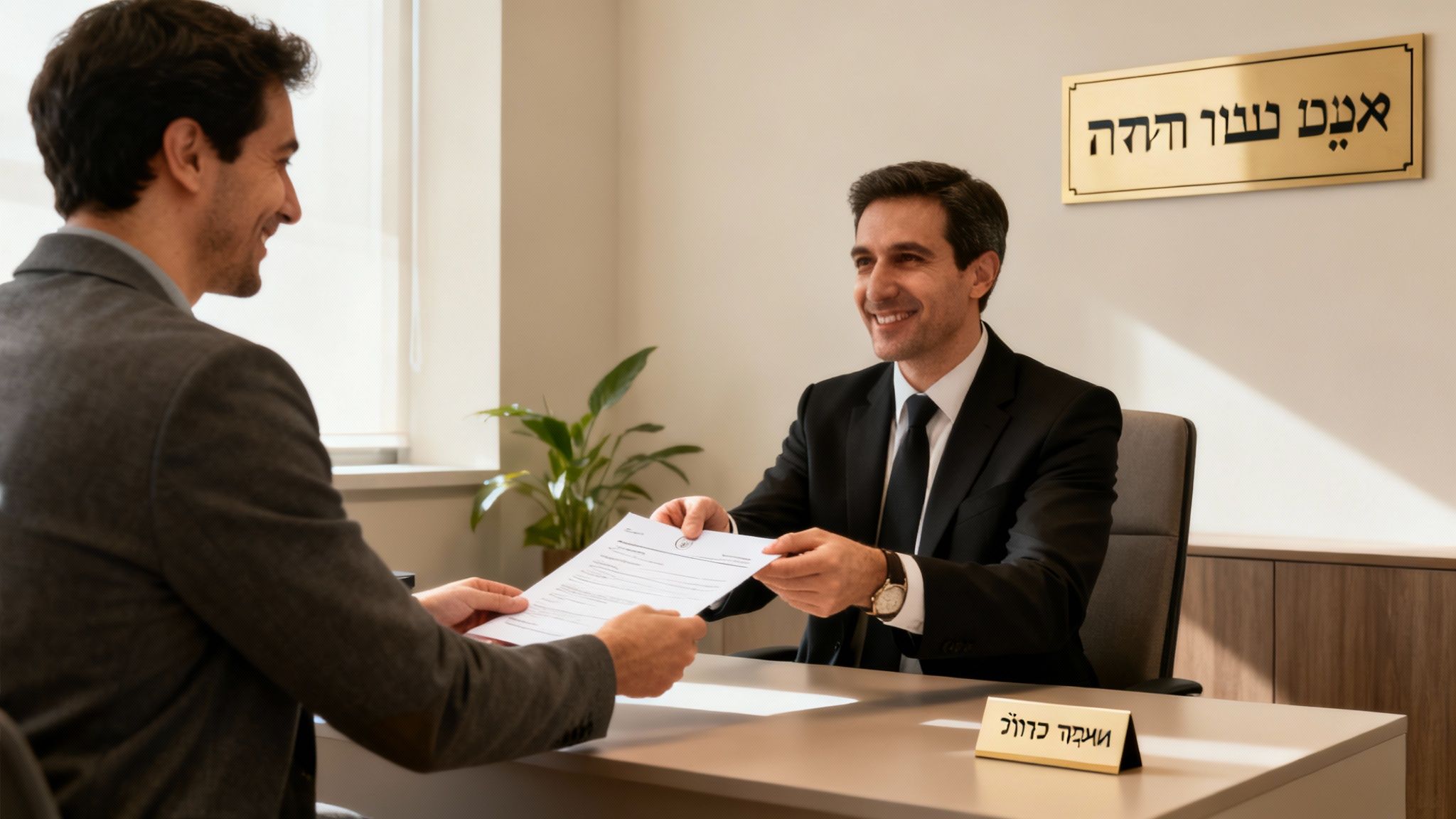 שני גברים מחייכים במשרד, אחד מוסר מסמכים לאחר, ייתכן לצורך חתימה על הסכם.