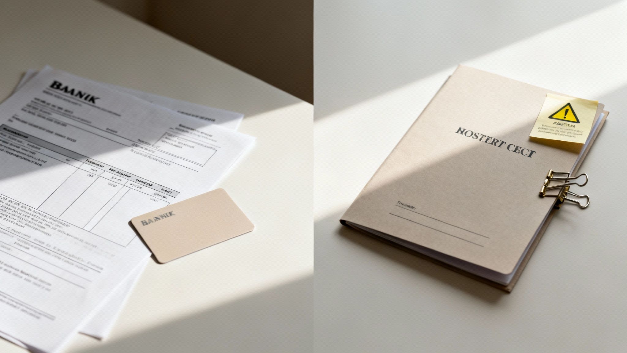 Close-up of documents, a card, and a brown notebook with a 'CAUTION!' sticky note under sunlight.