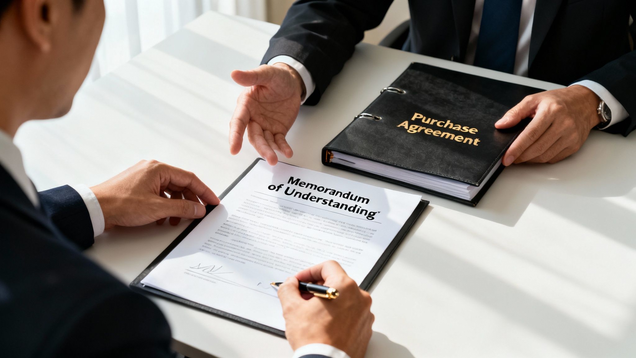 Two businessmen signing a Memorandum of Understanding document, with a Purchase Agreement binder nearby.