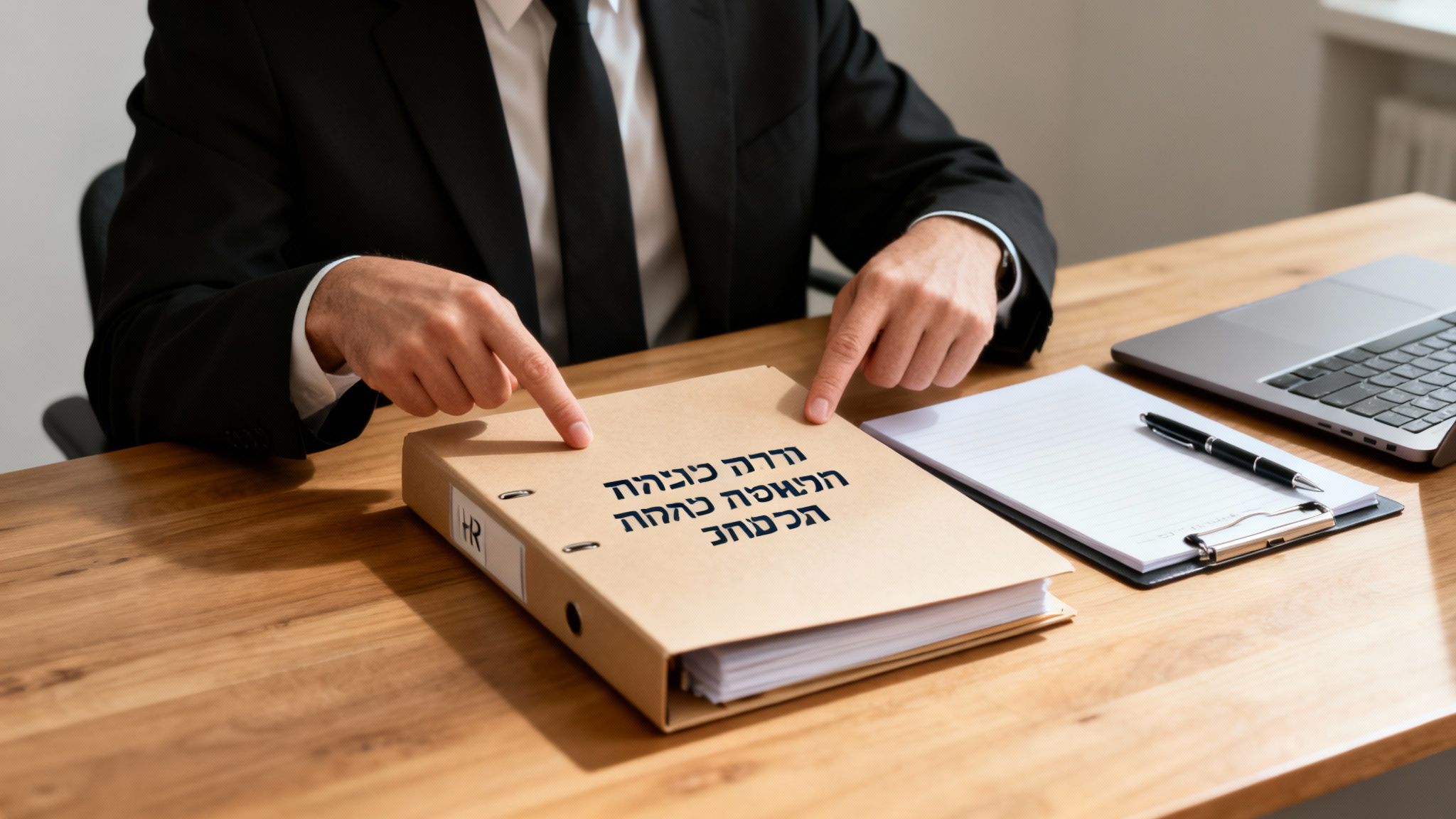איש עסקים במשרד מצביע על קלסר HR חום עם מסמכים בעברית על שולחן עץ.