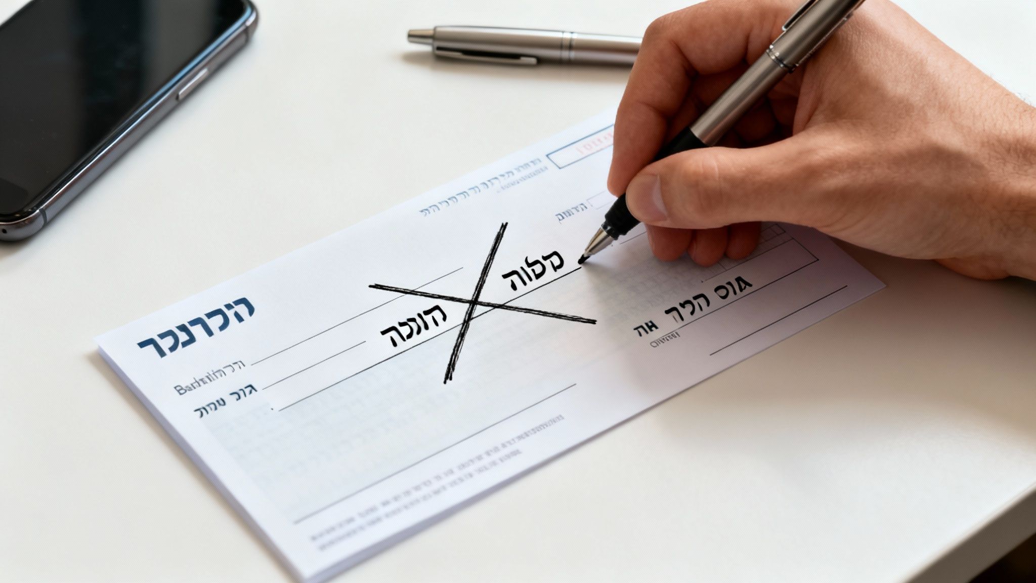 יד כותבת על צ'ק בנקאי עם הכיתוב 'למוטב בלבד', כאשר שמות מוצלבים עליו.