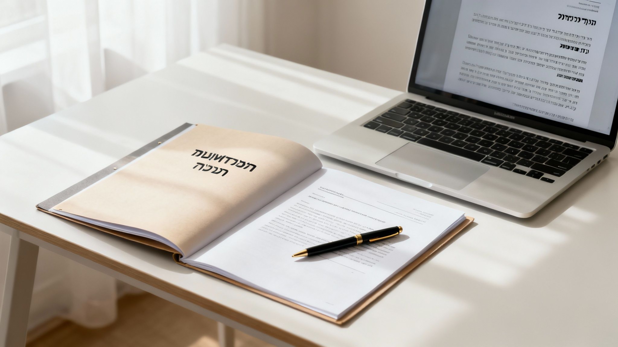 מחשב נייד ותיקייה עם כיתוב 'הליך דיון עובד' על שולחן עבודה עם עט