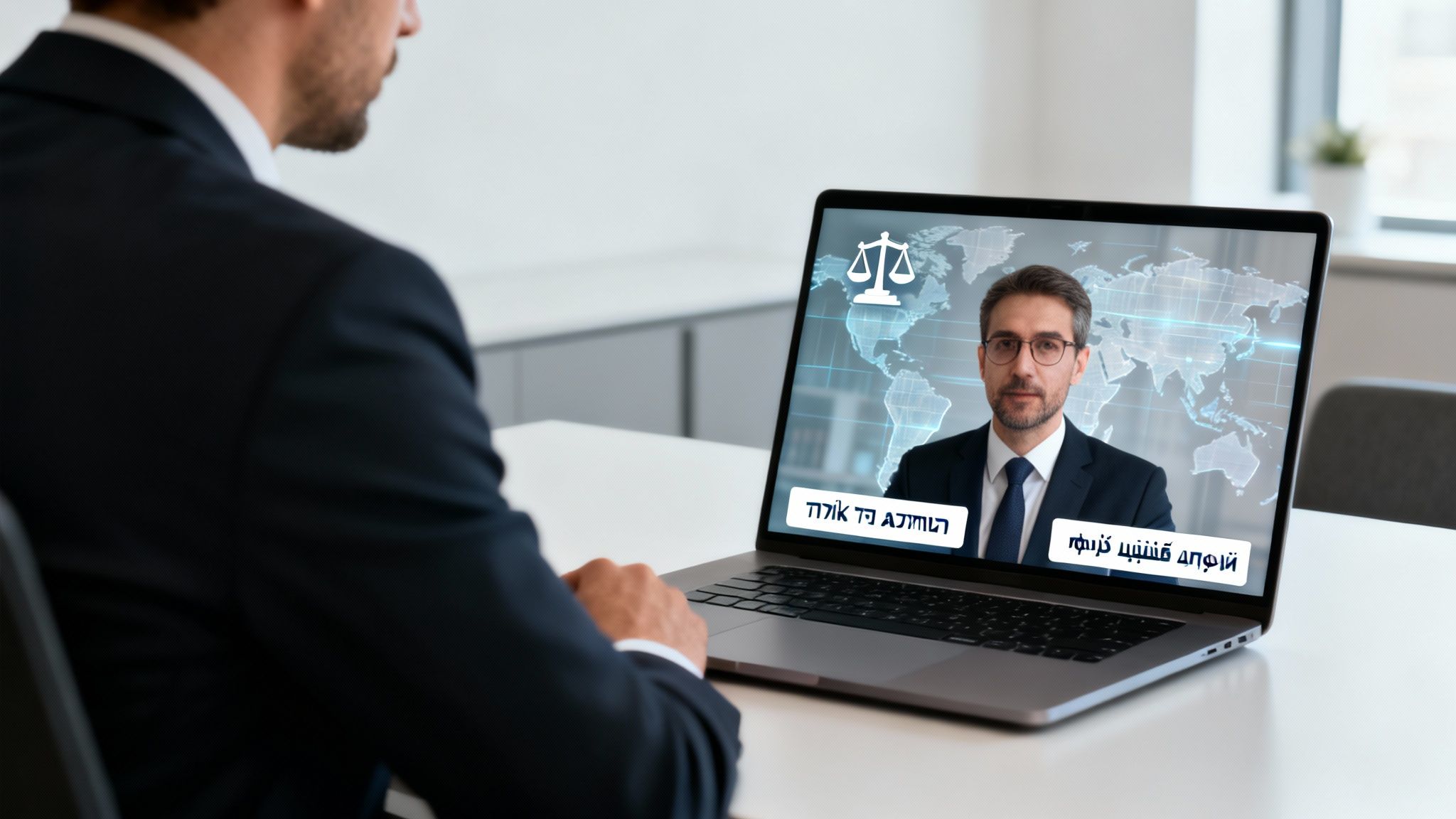 אדם בחליפה צופה בעורך דין בשיחת וידאו על מחשב נייד, עם סמל מאזני צדק ומפת עולם.