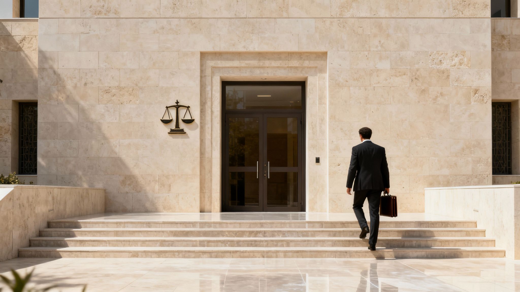A man in a suit carries a briefcase while walking up steps towards a justice building entrance.