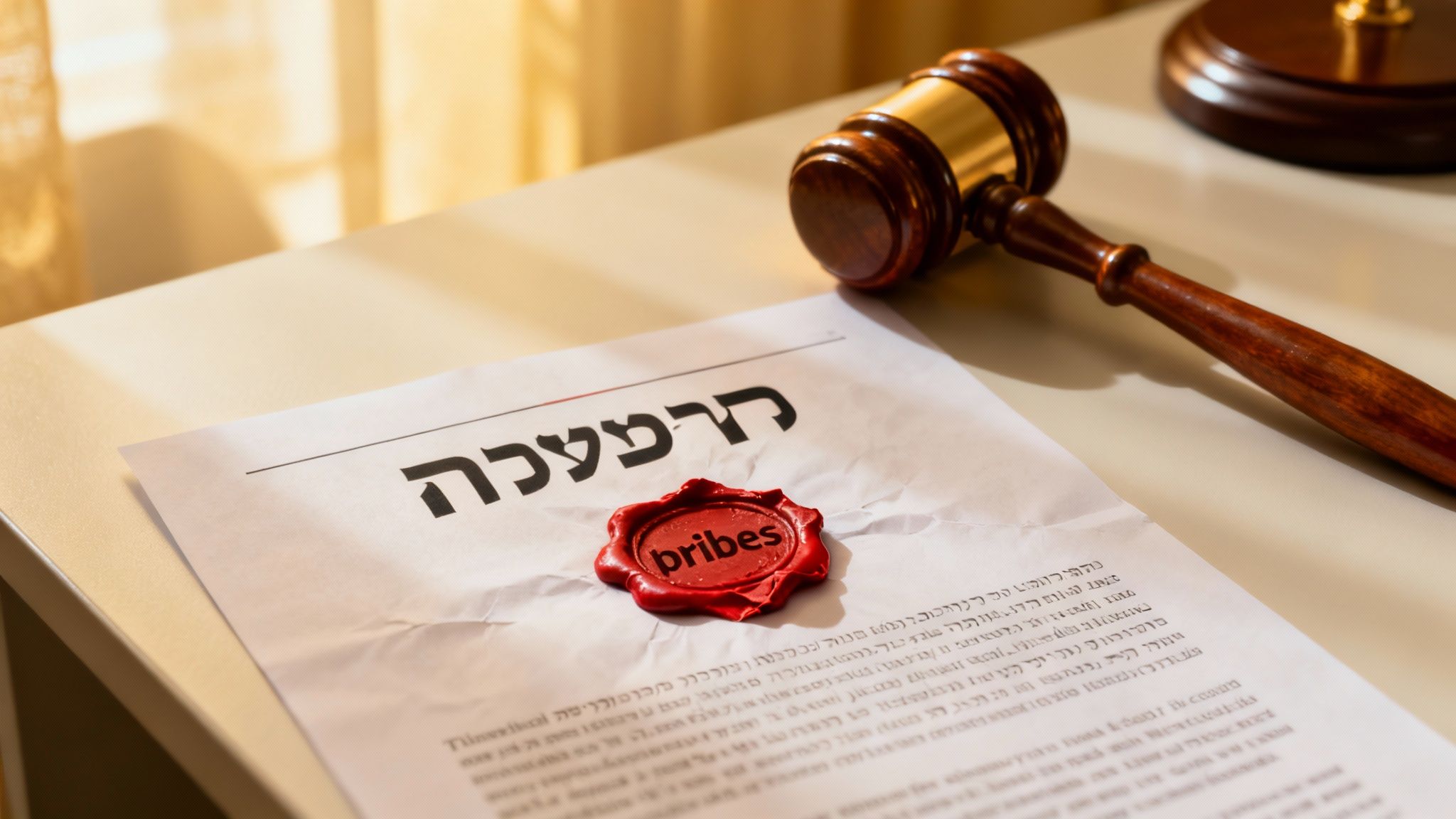 פטיש שופט ומסמך משפטי עם חותמת אדומה כתוב עליה 'שוחד' בהקשר של הליך שימוע לפיטורים