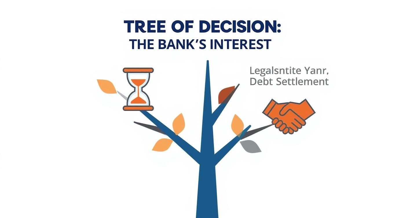 עץ החלטות המציג את האינטרס של הבנק, עם שעון חול המייצג זמן ולחיצת יד המסמלת הסדר חוב.