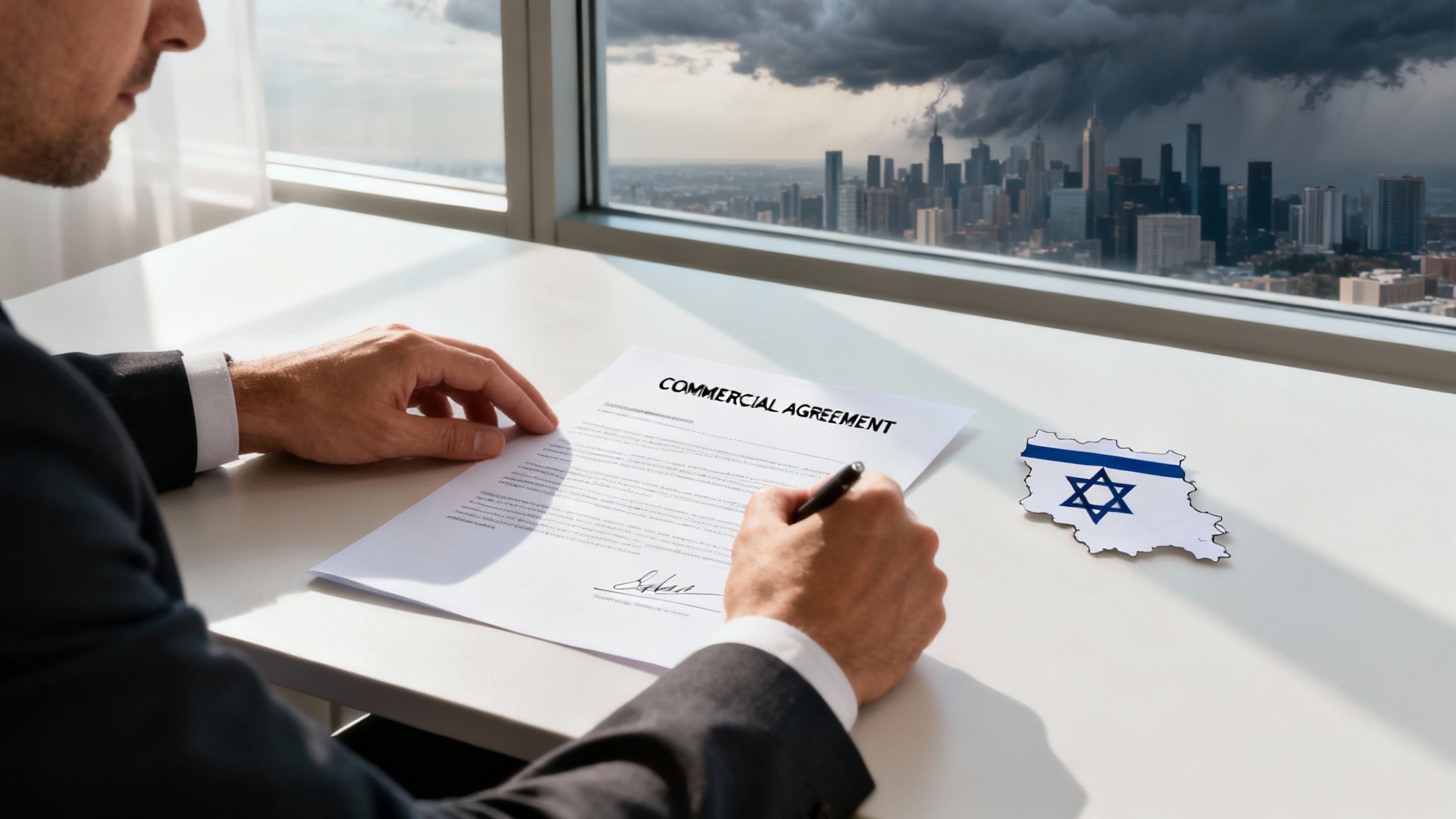 Businessman signing a commercial agreement with an Israel flag map on a desk, city skyline with storm.