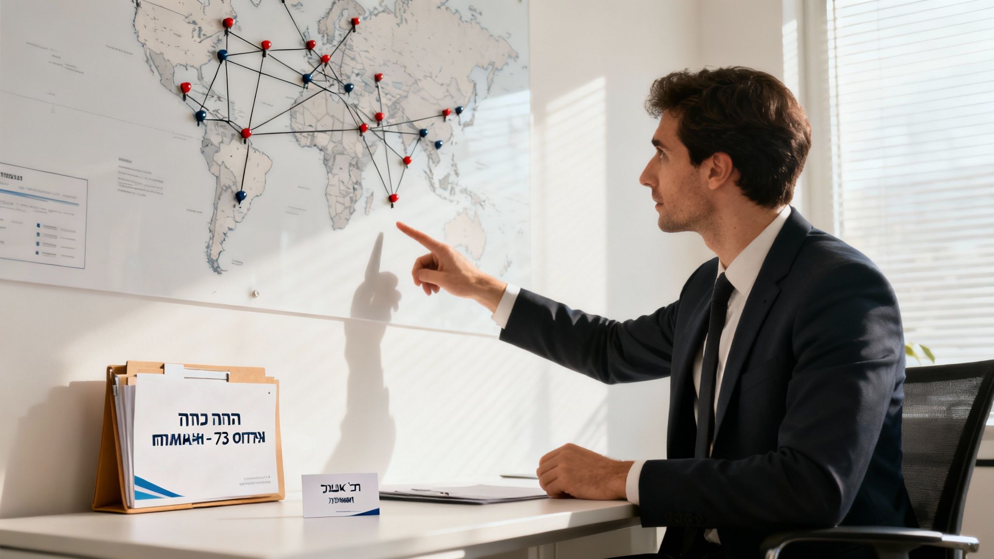 איש עסקים בחליפה מצביע על מפה עולמית עם סיכות מחוברות, מציג אסטרטגיה גלובלית במשרד.