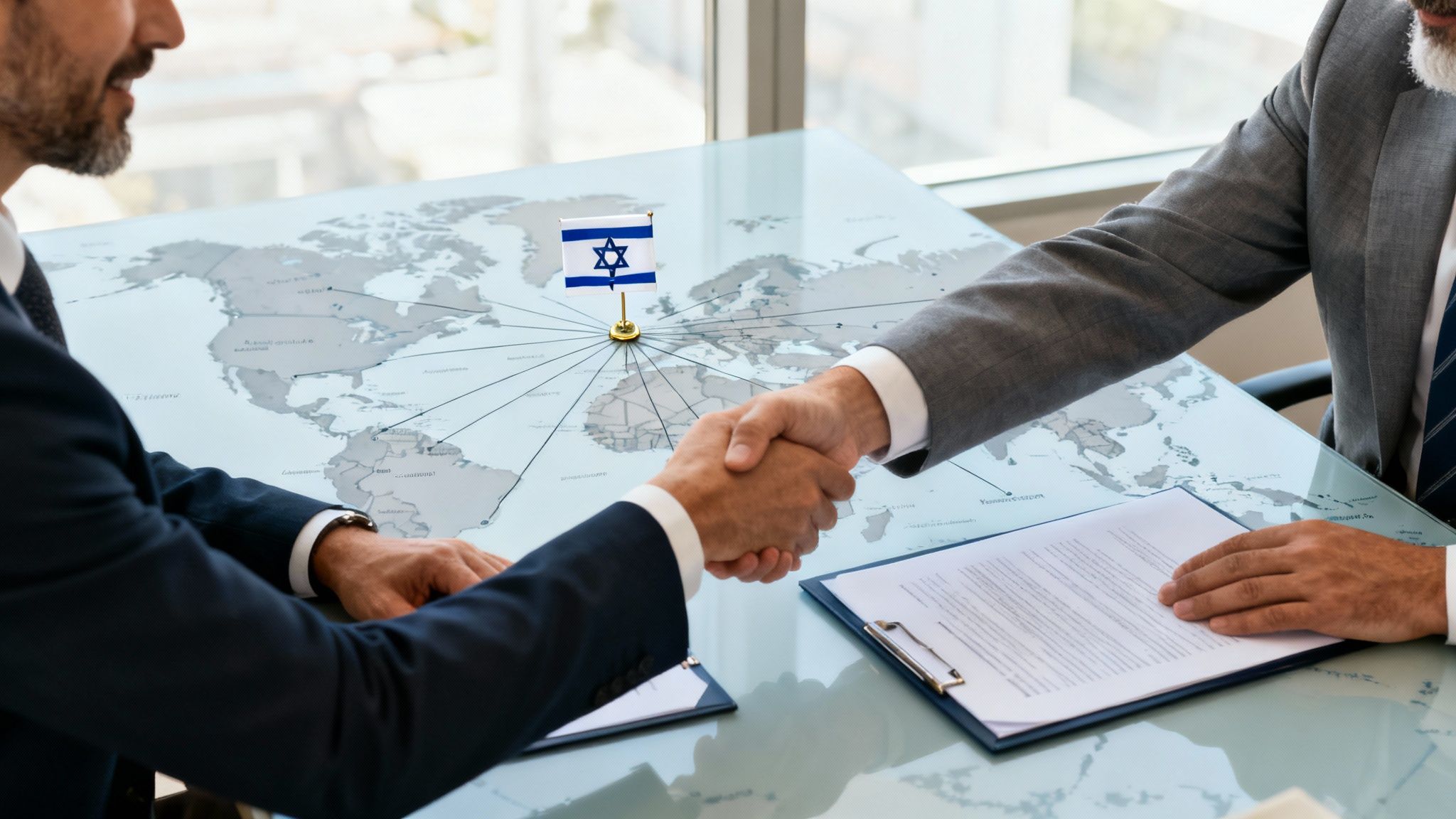Two businessmen shaking hands over a world map with an Israeli flag, signifying global business relations.