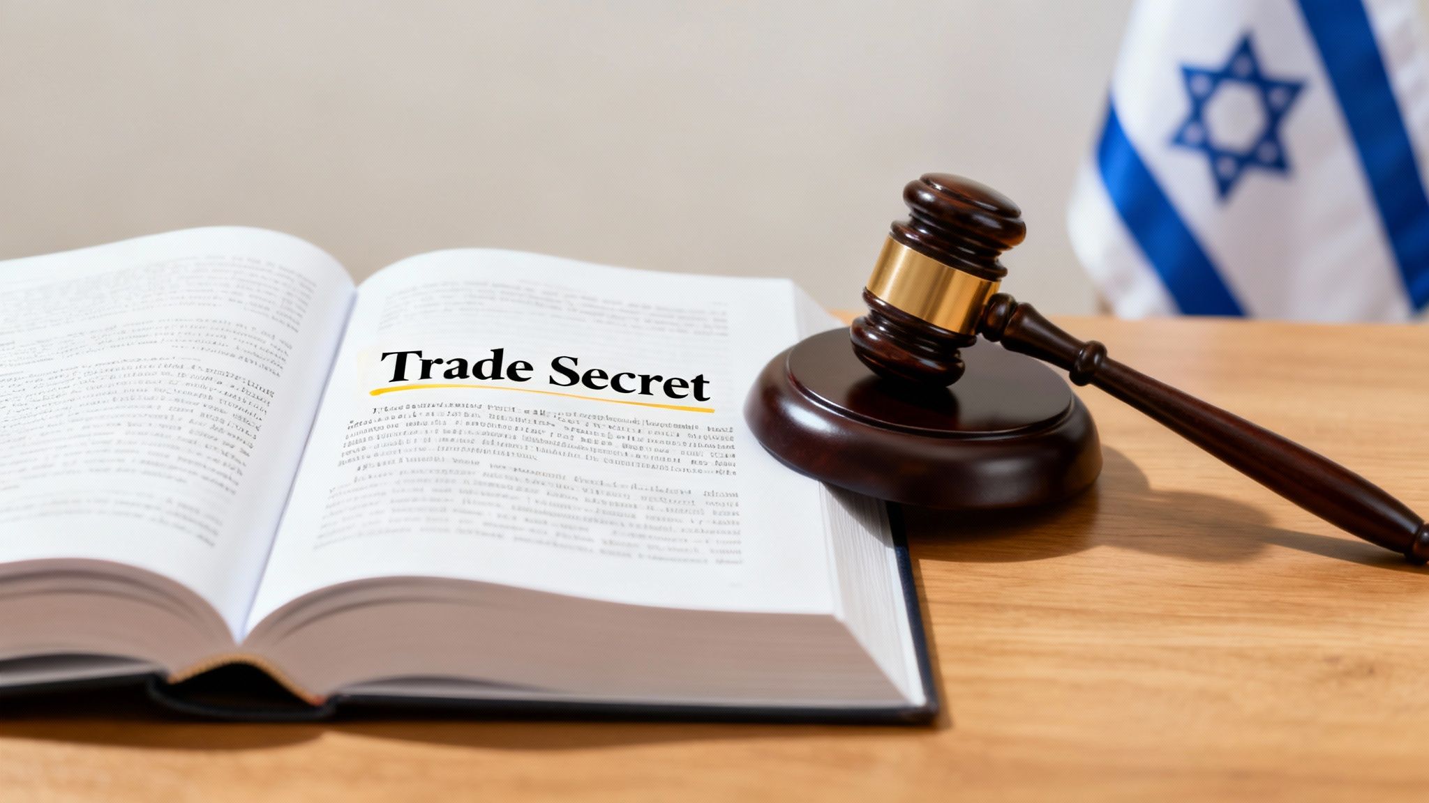 An open law book highlights 'Trade Secret' on a page, with a gavel and Israeli flag.